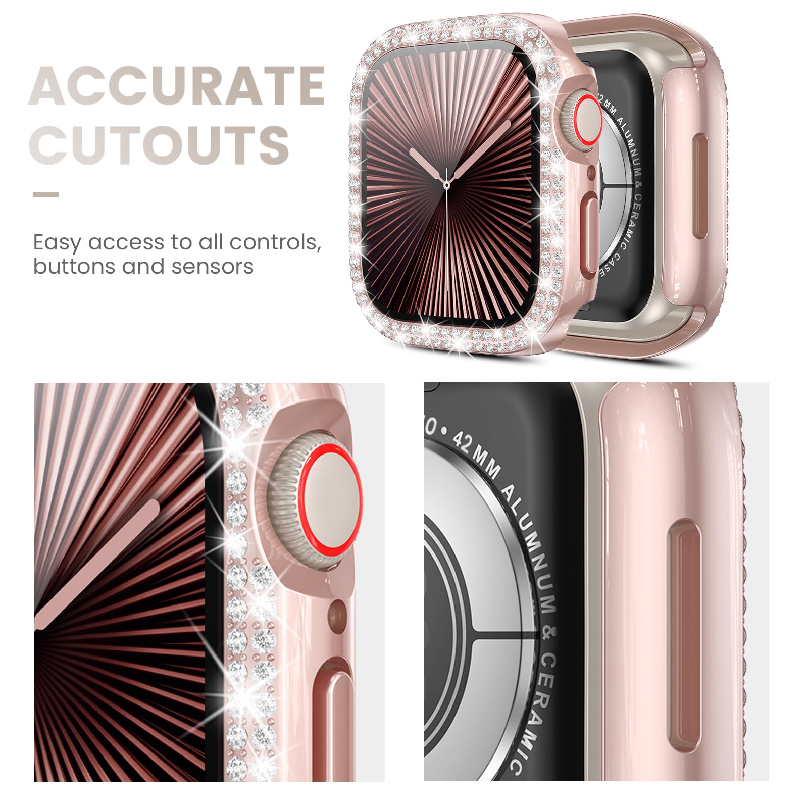 Tensea [3Pack For Apple Watch Screen Protector Case Series 10 42Mm Accessories, Iwatch Hard Pc Diamond Bumper Case Built In Temp