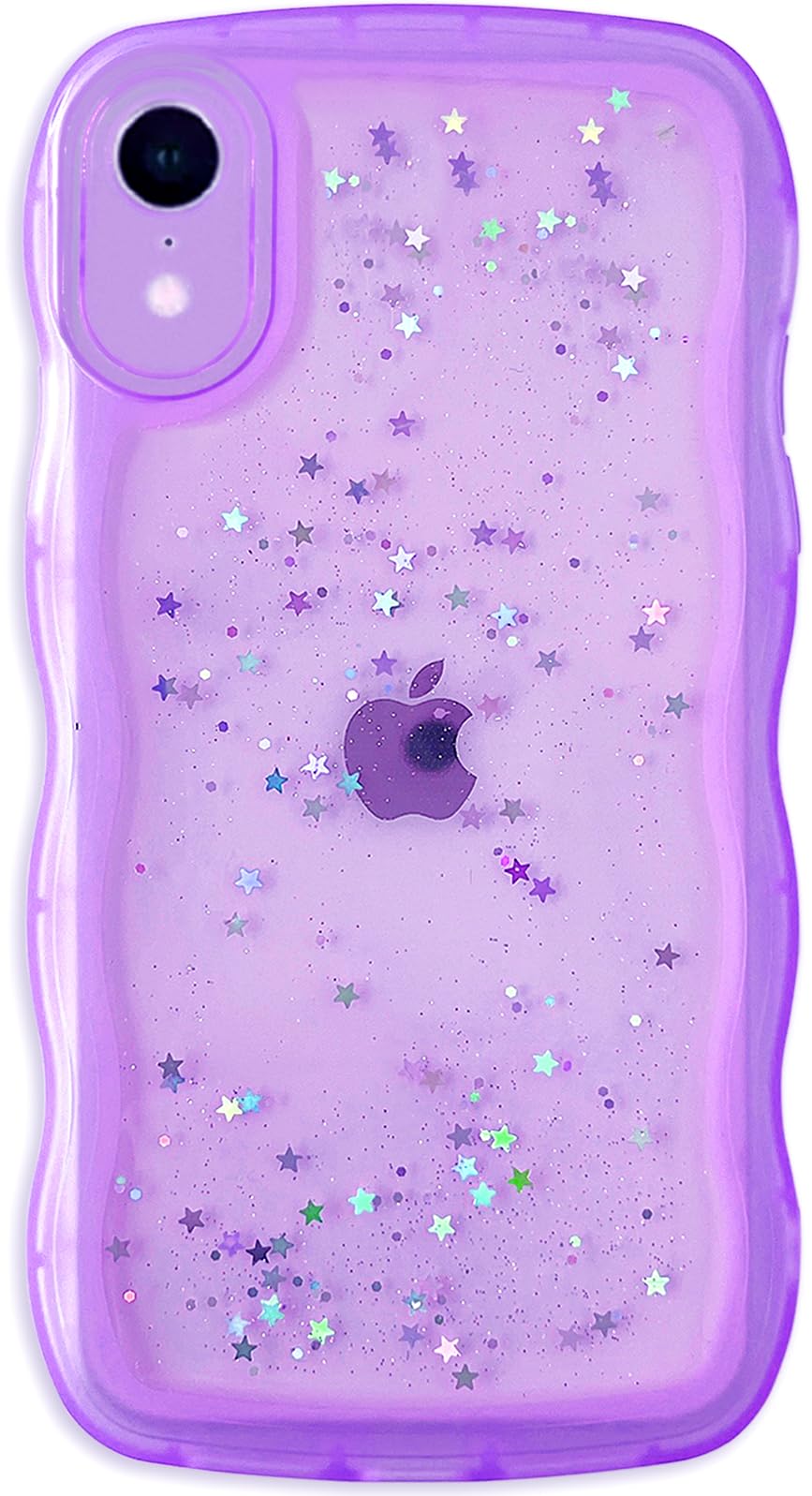 Qokey For Iphone Xr Case 6.1 Inch Curly Wave Edge Design Transparent Bling Glitter Star Shiny Case Cute Clear Transparent Full P