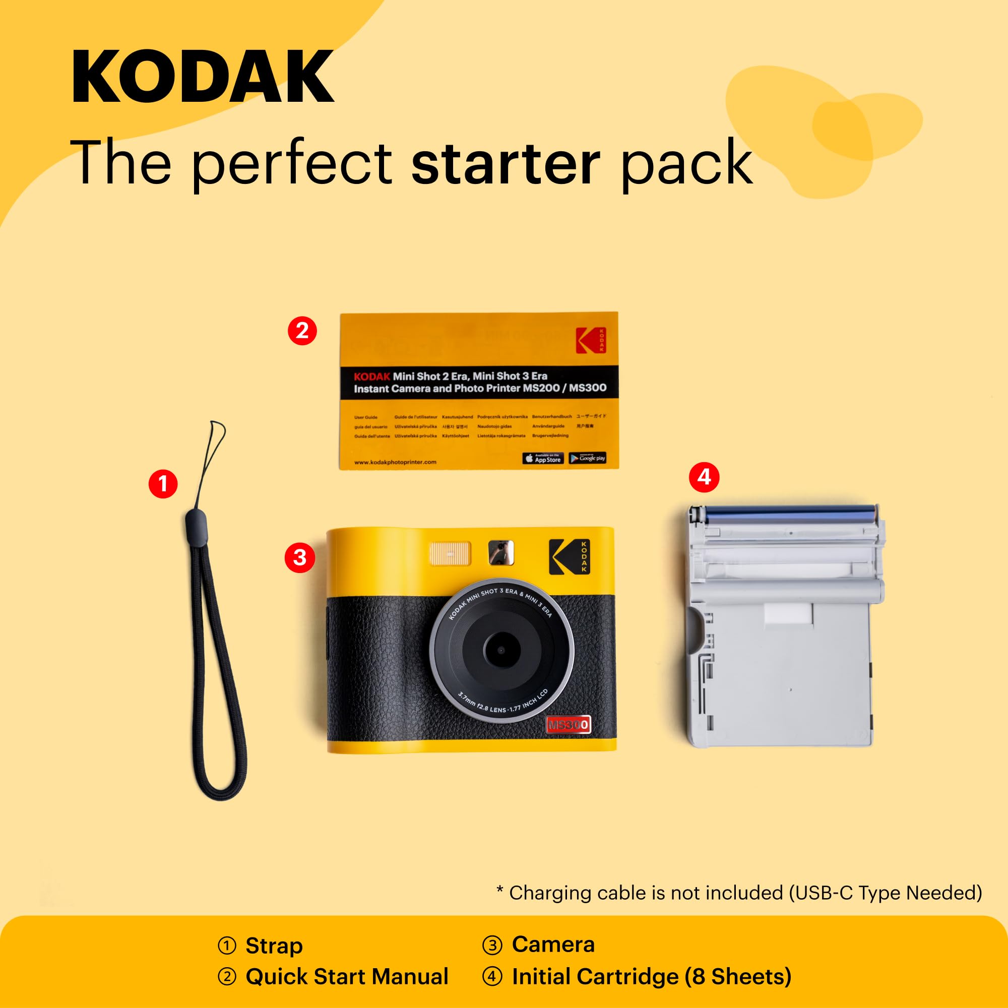 Kodak Mini Shot 3 Era 4Pass 2-In-1 Instant Camera And Photo Printer (Yellow, Camera + 8 Sheets)