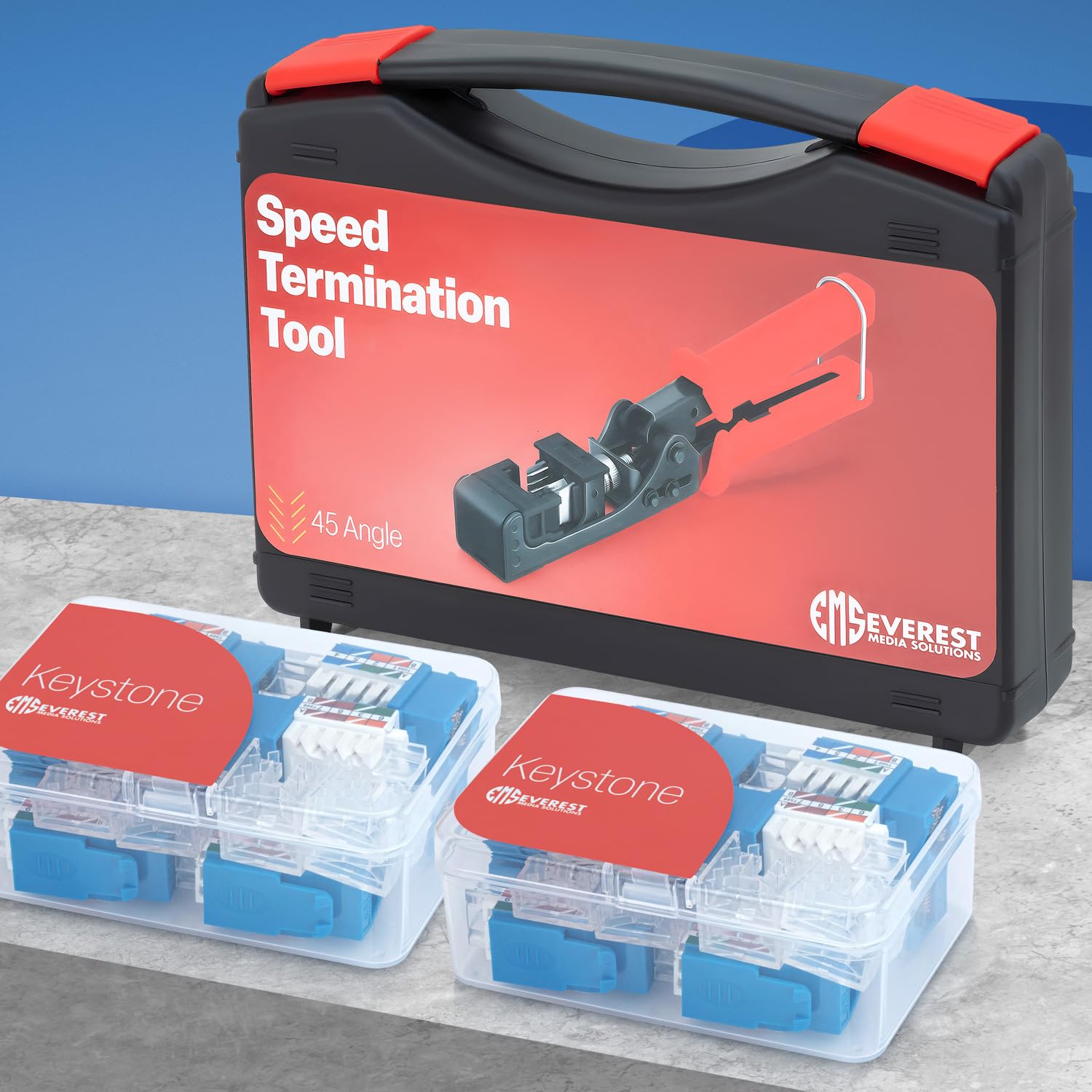 Everest Media Solutions 45Term   45 Angled Speed Termination Tool   With 20 Pack Of 45 Angled Cat6A Keystone Jacks In Blue Color