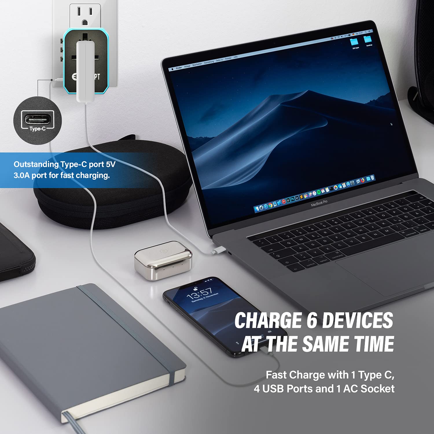 Unidapt Universal Travel Adapter - 5.6A Smart Power, 3.0A USB Type-C, Model Jy-305 Plus, Blue, Compatible with USA, EU, UK, AUS