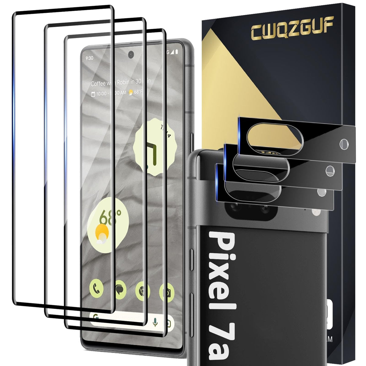 Cwqzguf [3+3 Pack] Pixel 7A Screen Protector + Camera Lens Protector, Fingerprint Unlock Support, Hd Tempered Glass, Touch Sensi