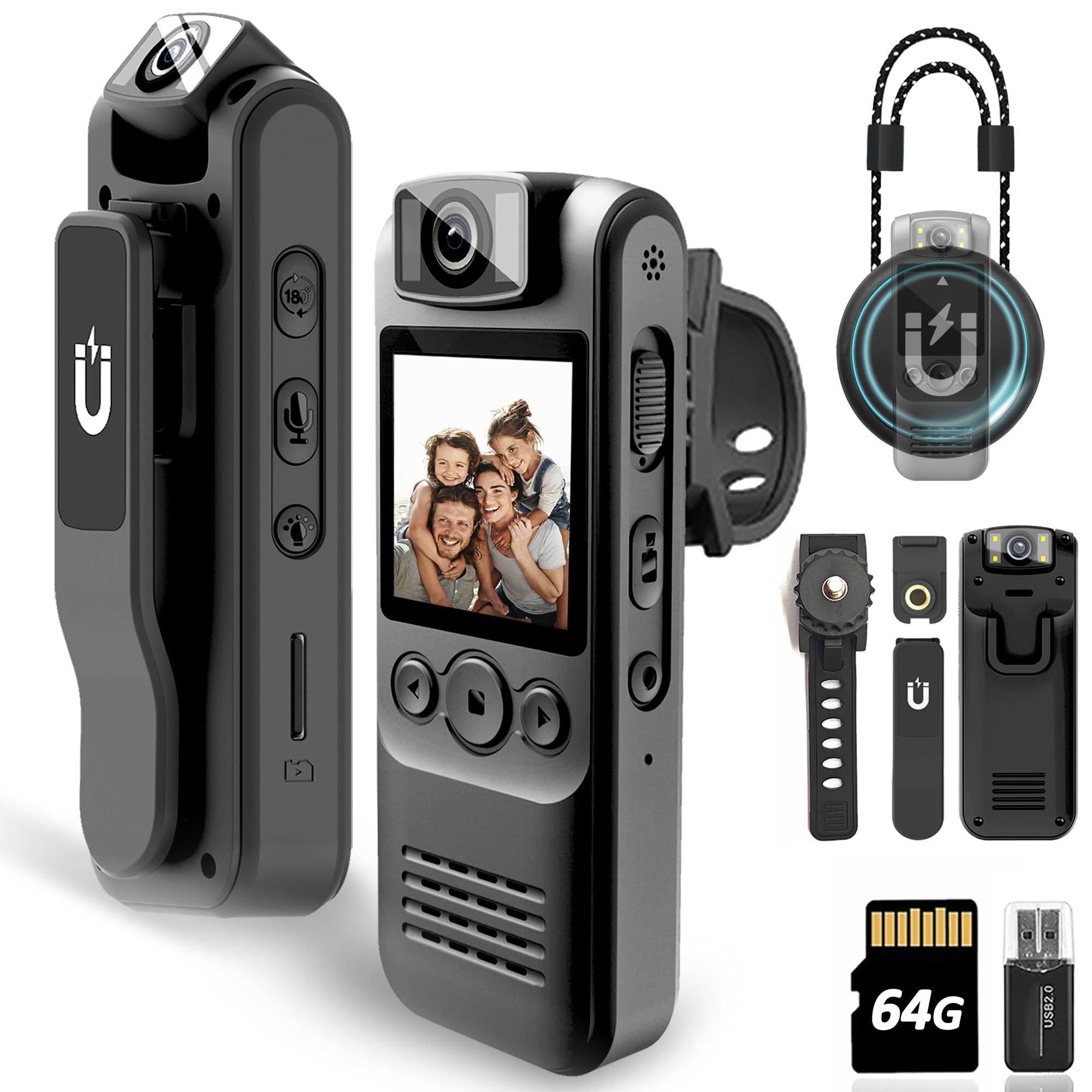 Body Camera With Audio & Video Recording  64Gb 1080P Hd Police Cop Cam For Outdoor Law Enforcement Guard Travel Cameras  With Magnetic Clip Flashlight 6Hr Battery Recorder (Black With Lanyard)