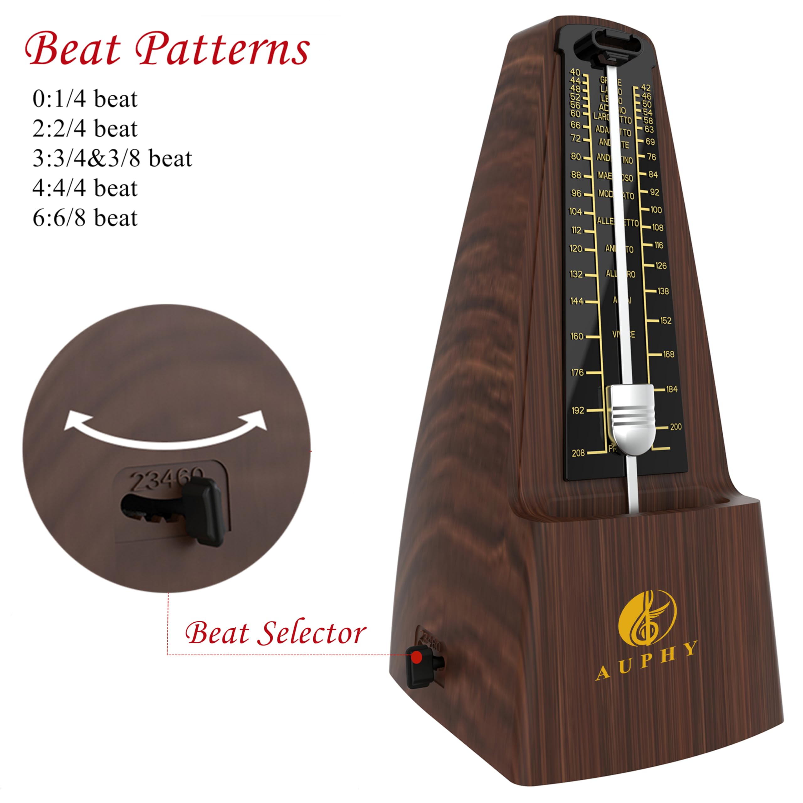 Auphy Mechanical Metronome With Accent Bell, Classic Shape, Accurate Beat, Multiple Beat Modes, Suitable For Piano Guitar Drums