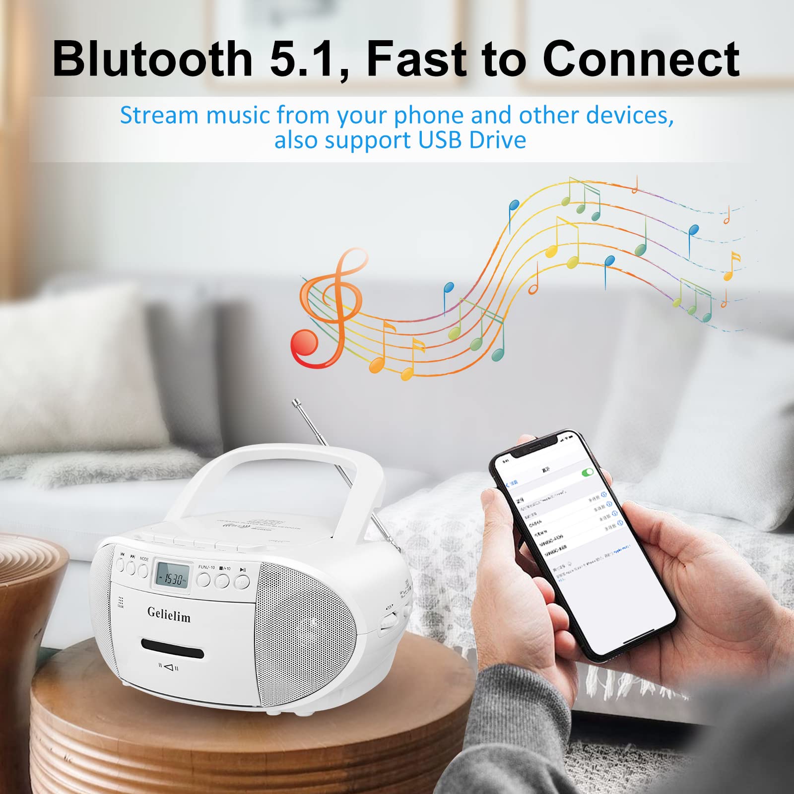 Gelielim Cd And Cassette Player Combo, Portable Boombox Am/Fm Radio, Tape Recording, 5.1V Bluetooth Speaker, Usb Playback With E