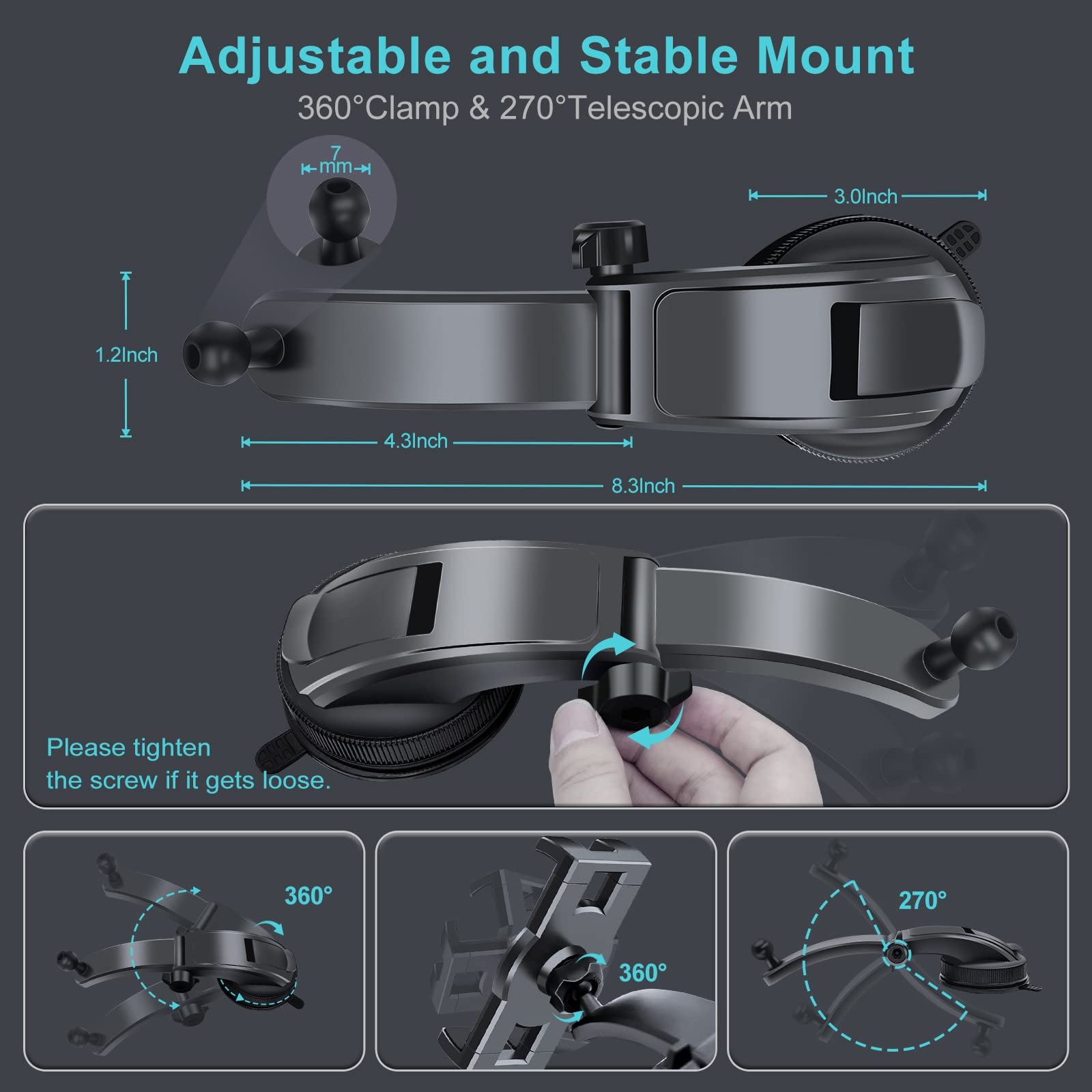 Car Dashboard Tablet Mount Holder, 360 Rotatable Suction Cup With Large Clamp Dash Phone Stand For Ipad Pro 12.9/9.7/11/10.5/Air