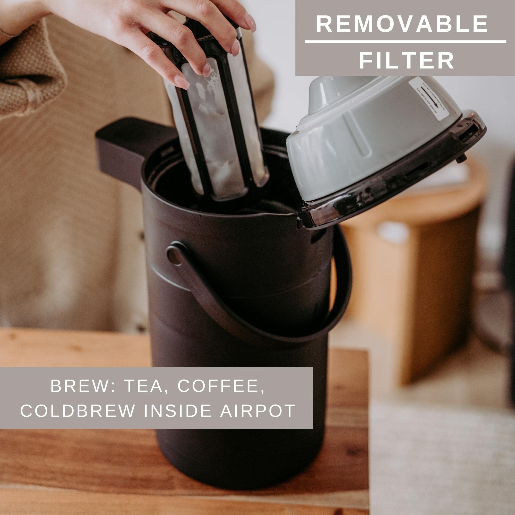 HASTINGS COLLECTIVE Airpot Coffee Dispenser - 2.5L Insulated Stainless Steel Carafe, 12H Hot/24H Cold, Black - Model Hemma