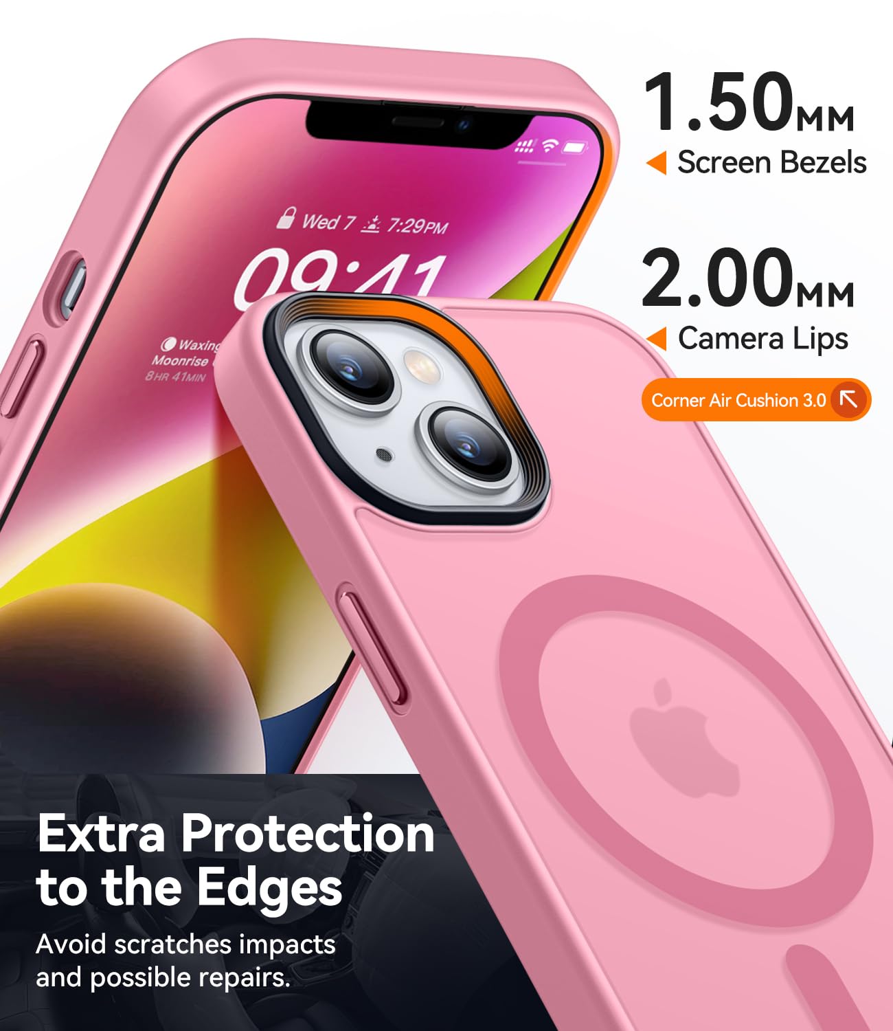 CANSHN iPhone 14/13 Case, Slim Shockproof Cover, Translucent Matte Back, Compatible with MagSafe, Pink, 6.1 Inch