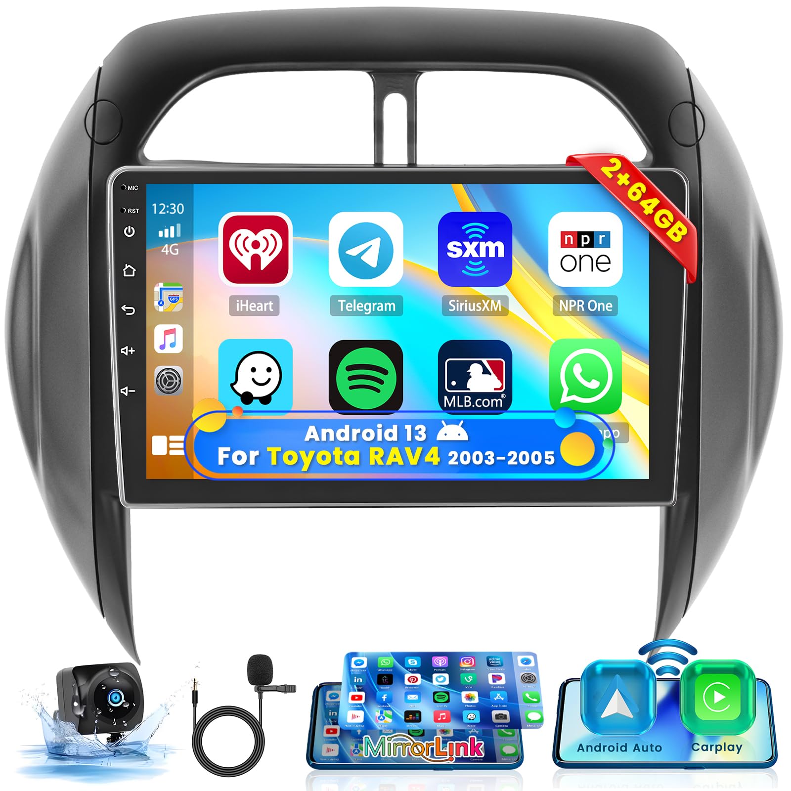 Roinvou 2+64G Android Carplay Stereo For 2003 2005 Toyota Rav4, Built In Wireless Carplay With Android Auto, 9'' Touchscreen In 