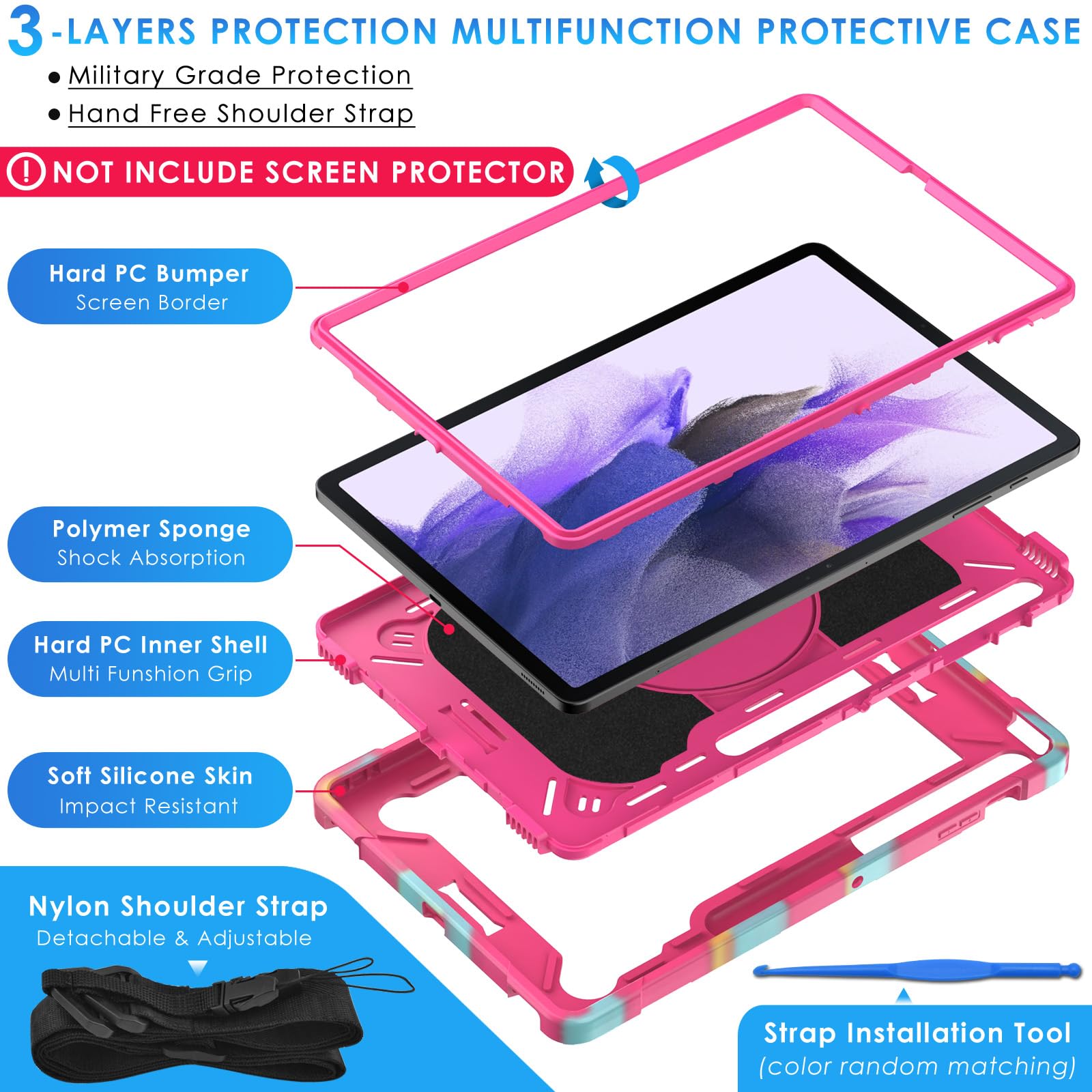 Detuosi 360 Rotating Hybrid Case For Samsung Galaxy Tab S7 Fe 5G/ S8+Plus/ S7 Plus 12.4'' With S Pen Holder & Shoulder Strap, 36