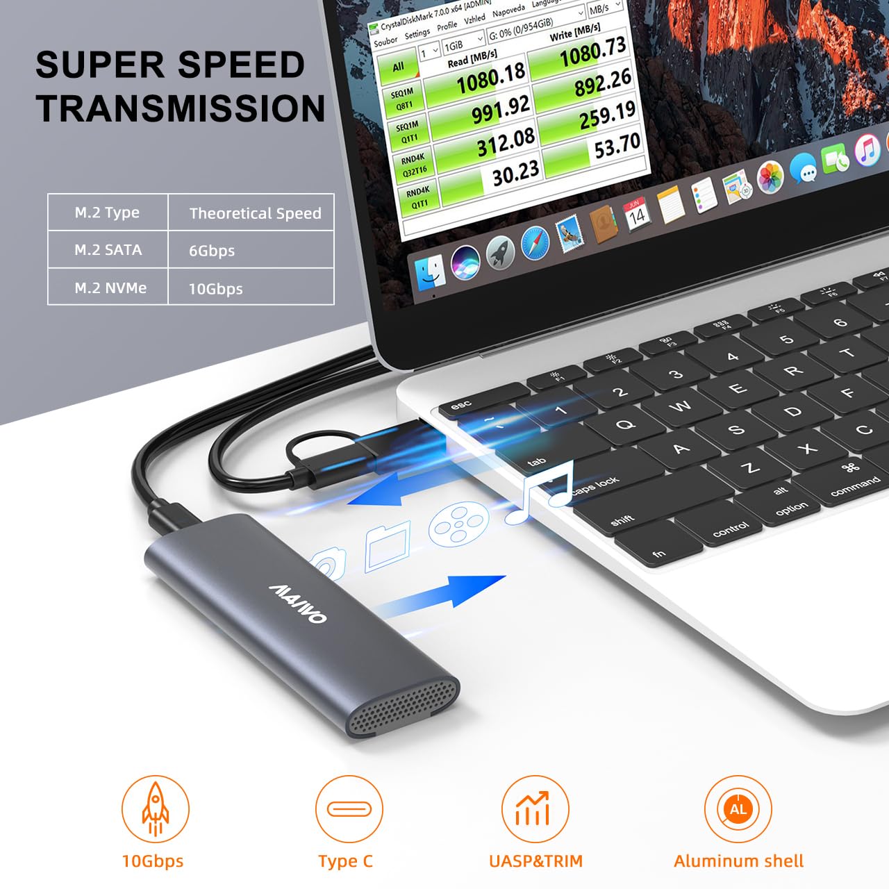 Maiwo M.2 Ssd Enclosure 10Gbps For Nvme & Sata,Tool Free Nvme Enclosure Usb C/Usb A, M.2 Enclosure Aluminum With 17.71In Cable, Ssd Enclosure For M2 2230/2242/2260/2280 M Key/(B+M) Key Grey