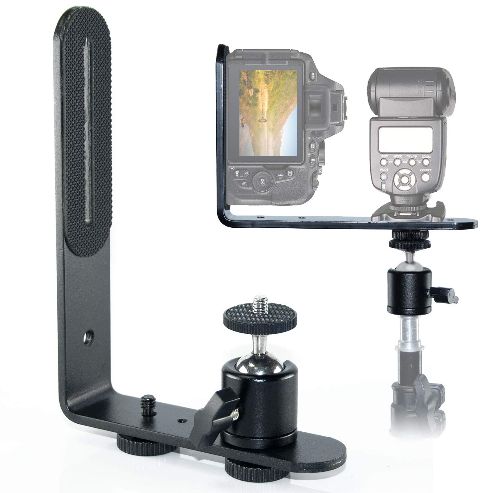 Exmax Metal Aluminum Alloy L Shape Flash Light Camera Bracket Holder 1/4 '' Screw + Mini Tripod 360 Degree Ball Head For Dslr Ca