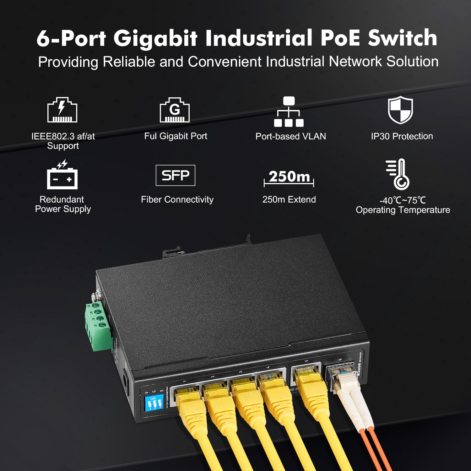 Mokerlink 6 Port Industrial Din Rail Gigabit Poe Switch, 4 X 100/1000Mbps Poe Ports,Ieee802.3Af/At Poe+, 1 Gigabit Uplink, 1 Gig