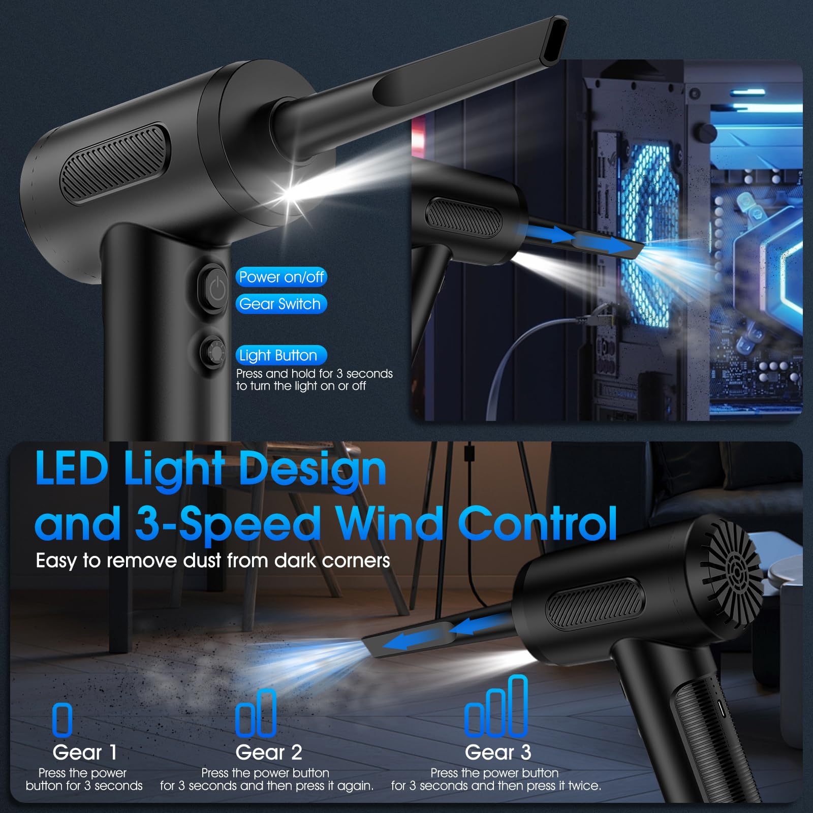 Kopidoe Compressed Air Duster, 100000Rpm Handheld Car Vacuum/Air Blower& Pump, 3 Gear Adjustable Electric Air Duster/Car Vacuum