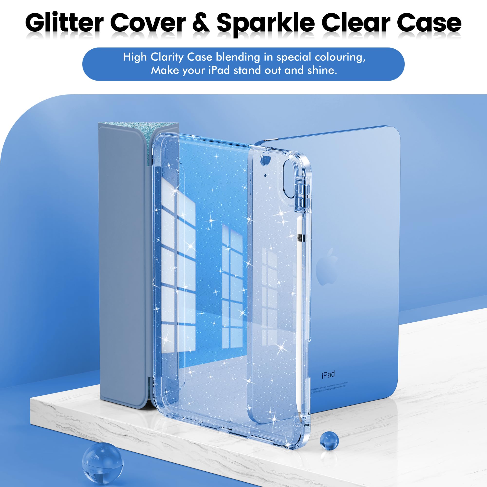 Infiland Compatible With Ipad 10Th Generation Case, Ipad Case 10Th Generation 10.9 Inch, Glitter Leather Cover With Sparkly Crystal Clear Back, Pencil Holder, Anti Yellowing, Blue
