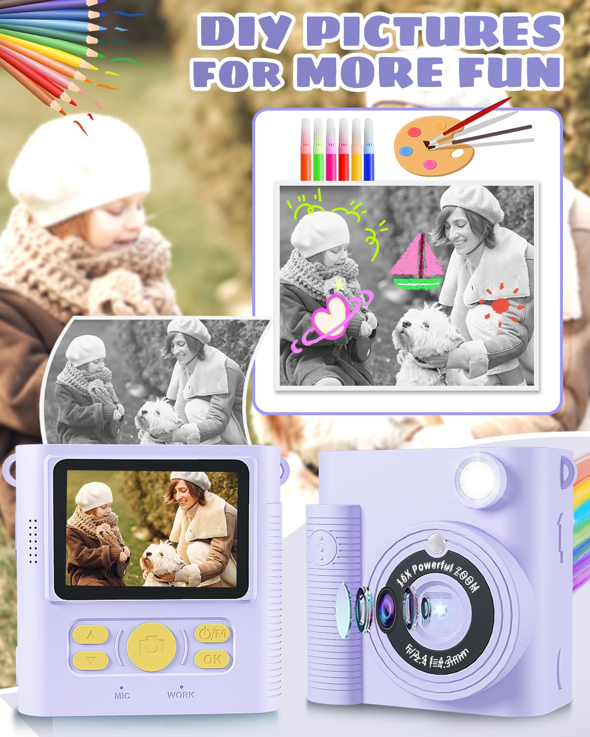 Ykslemon Kids Camera, Instant Print 1080P Hd Digital Camera, 32G Sd Card, 3 Rolls Photo Paper, For 3 14 Year Old Girls & Boys