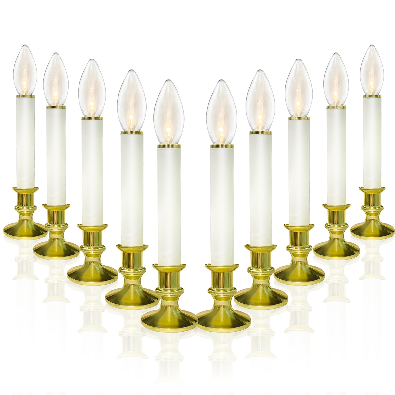10 Pack Christmas Window Candles with 3V Ultra-Bright LED Warm White Bulbs, LED Battery Operated Window Candles, Gold Base, Flam