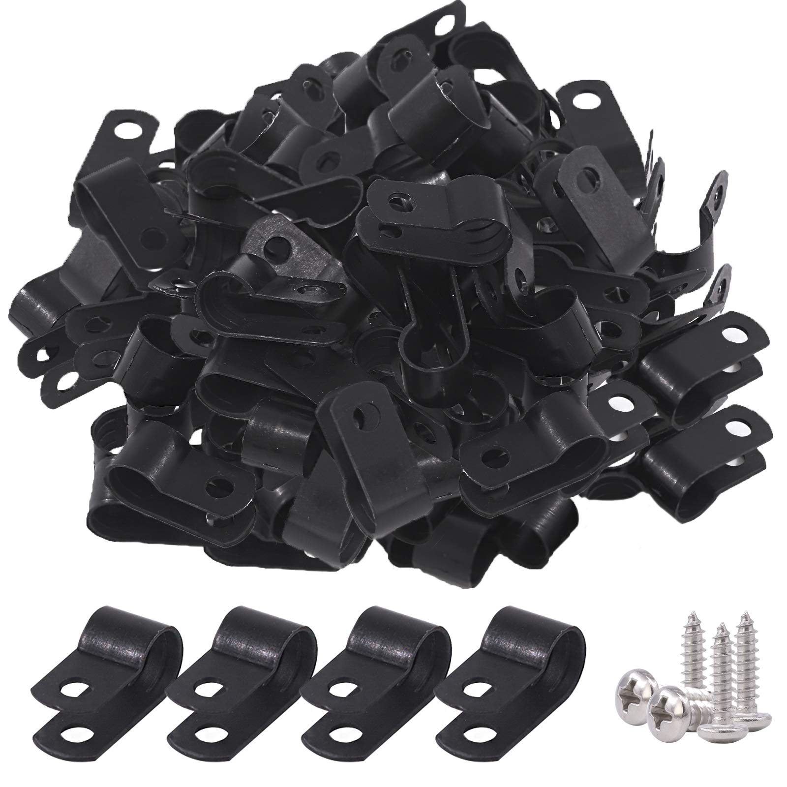 Glarks 120Pcs 5/16 Inch Black Nylon Screw Mounting R Type Cable Clip Wire Clamp With 120Pcs Screws For Wire, Cable, Conduit And
