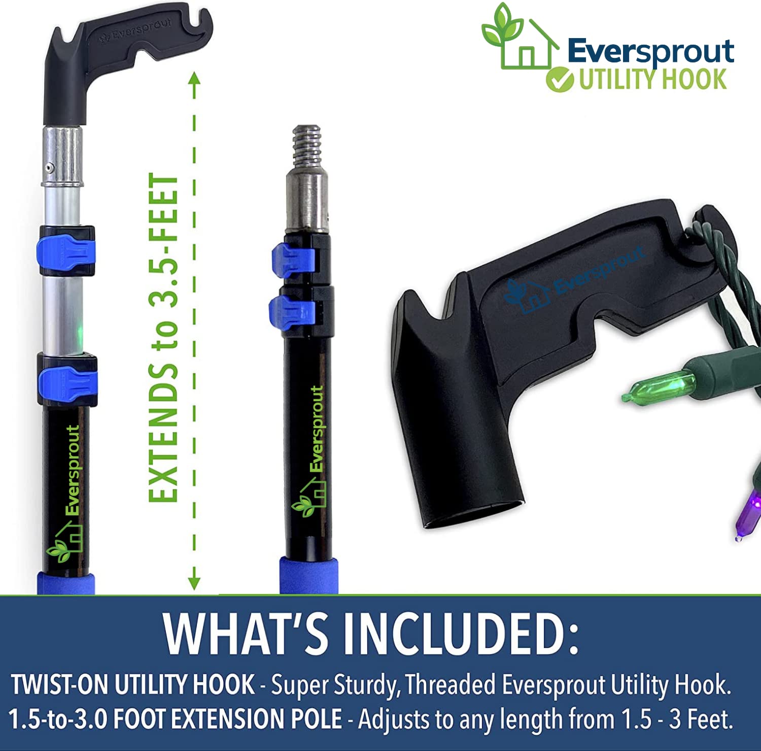 Eversprout 1.5 To 3 Foot Utility Hook With Extension Pole (8 Foot Standing Reach) | Installing And Hanging Christmas/String Ligh