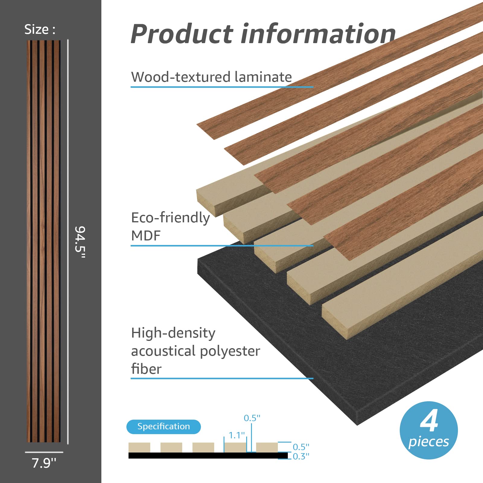 Art3D 4 Piece Wood Slat Acoustic Panels For Stylish Decor And Noise Reduction, 3D Textured Panel For Ceiling And Wall, Walnut