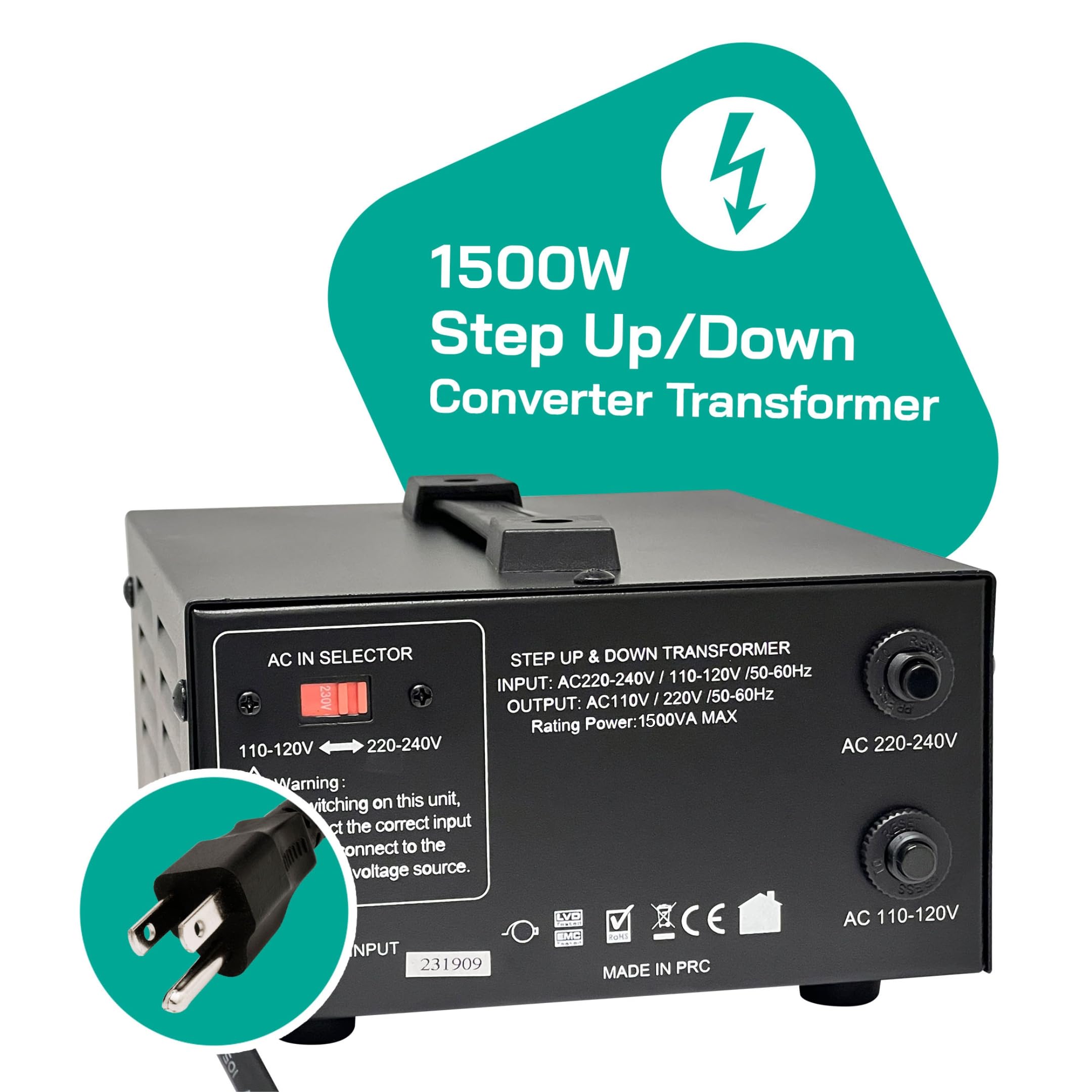 Litefuze 1500 Watt Voltage Converter Transformer Step Up/Down   110V To 220V / 220V To 110V Power Converter   Fully Usa Grounded