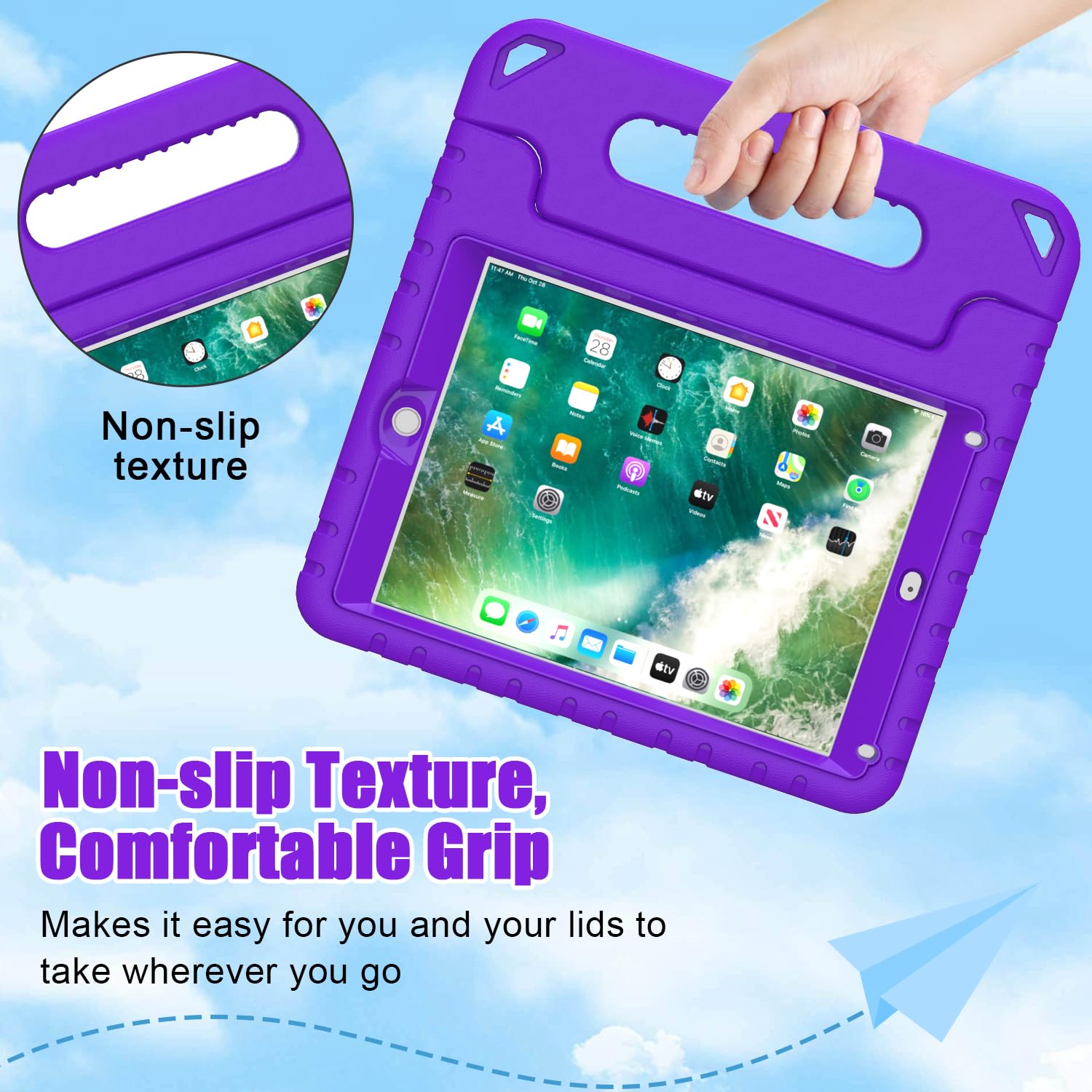Bmouo Portable Electronic Device Cover For Ipad 9.7 Inch 2018/2017, Ipad Air 2   Purple, Shockproof Kids Case Cover With Handle