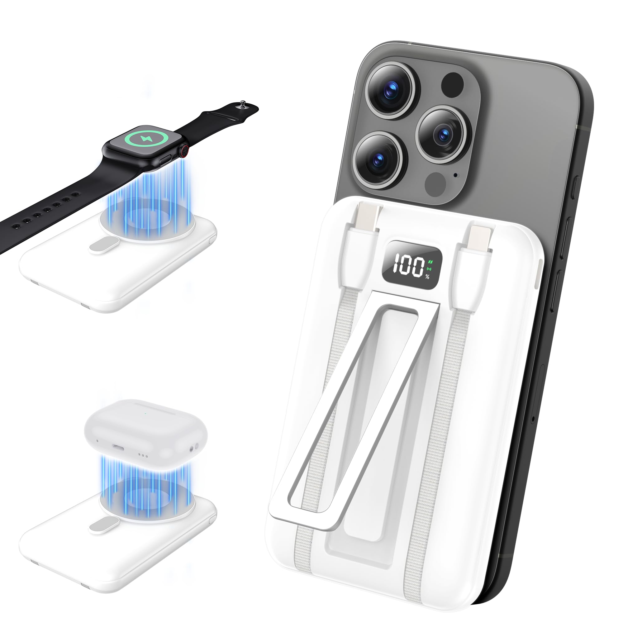 Sunpolin Portable Charger 10000Mah Power Bank, Fast Charging Battery Pack With Built In Cables, Compatible With Iphone, Samsung,