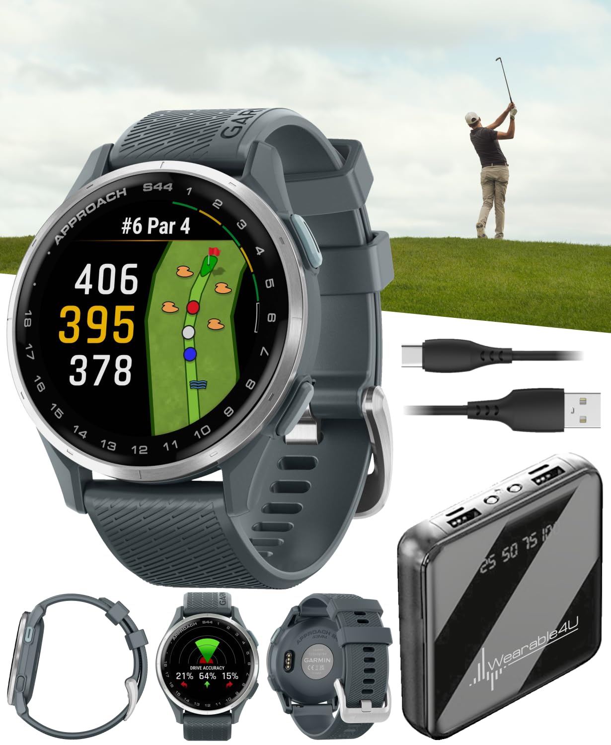 Garmin Approach S44 Golf GPS Smartwatch Silver Aluminum Bezel with Twilight Silicone Band with Wearable4U Power Bank Bundle