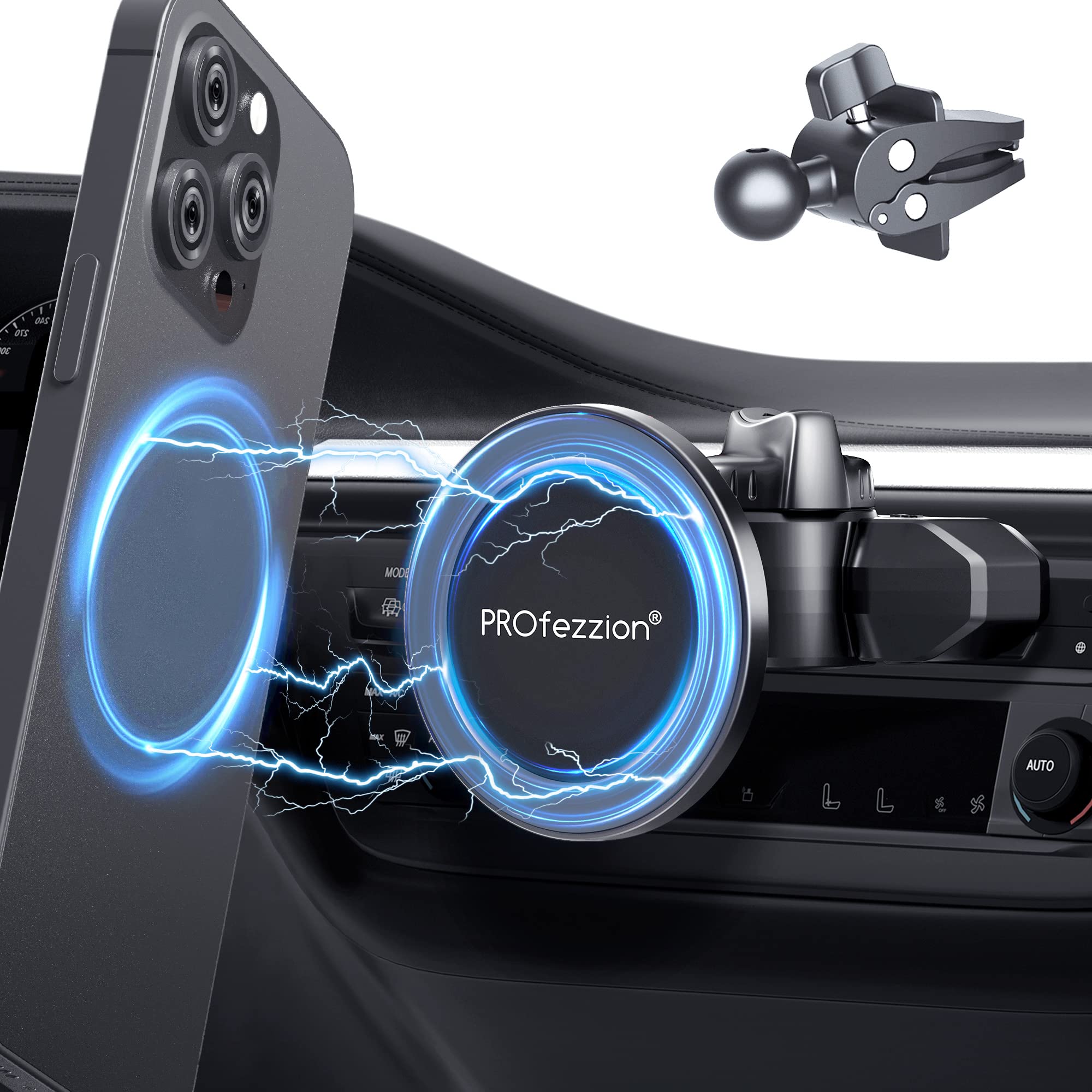PROfezzion CD Slot & Vent Clip Combo Magnetic Phone Holder Compatible with MagSafe on Car CD Player Slot or Air Vent for iPhone 