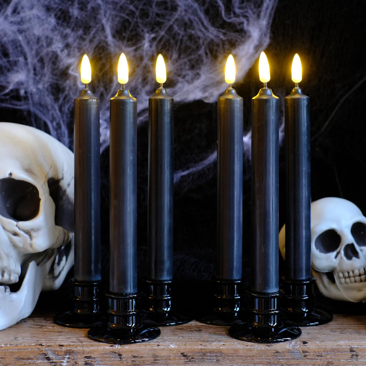 Nonno & Zgf 6Pack Real Wax Black Flameless 8'' Battery Powered Windows Candles With Remote And Timer & Candlestick. Removable Bl