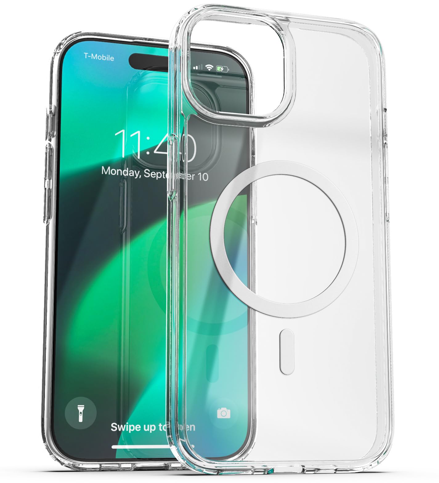 ENCASED 2-in-1 Wallet Set, Designed for iPhone 15 Pro Max Case with Card Holder - Magnetic Media Stand, Crystal Clear (Compatibl