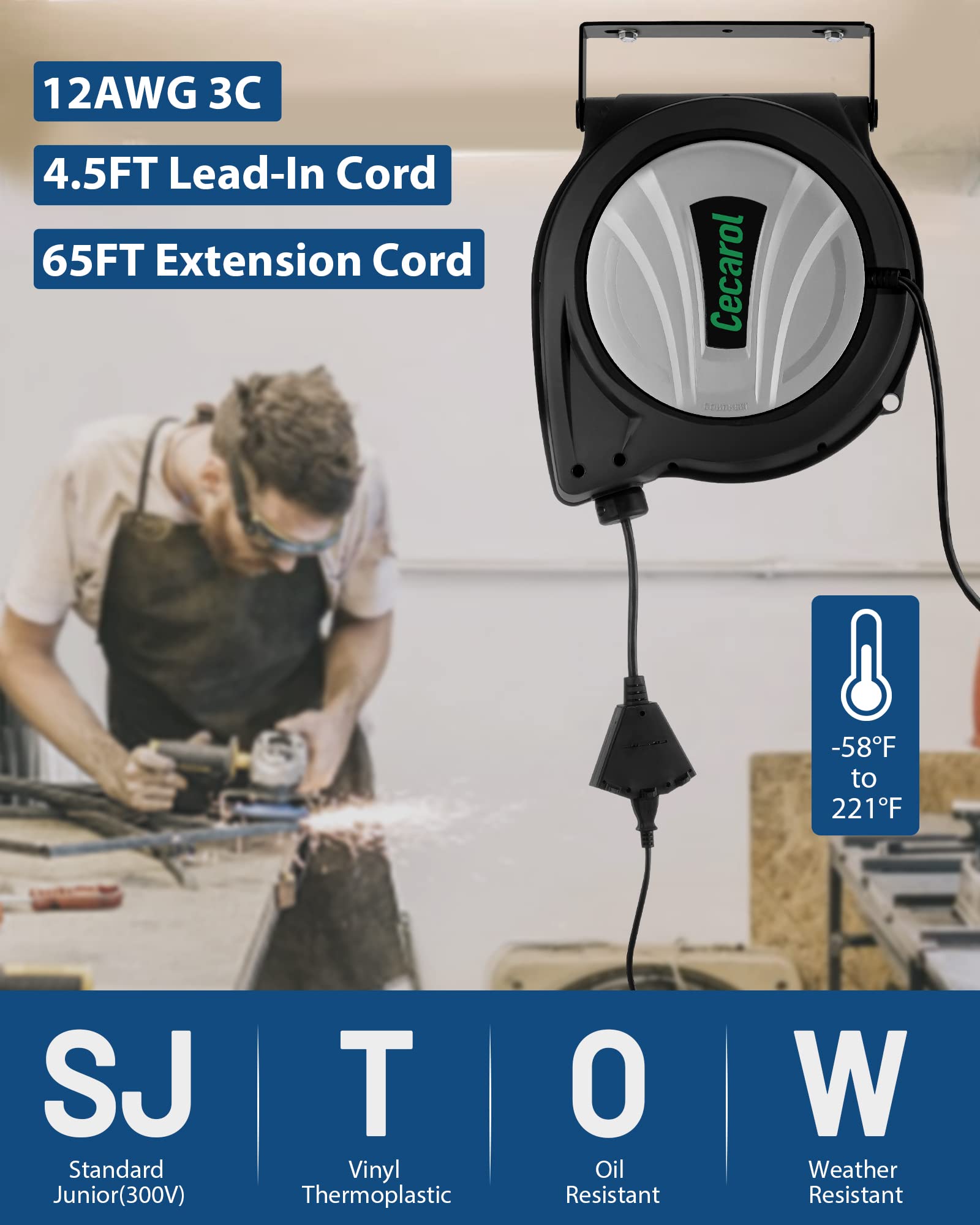 Cecarol Extension Cord Reel 12Awg/3C Sjtow 65Ft Retractable Cord With Triple Tap, 15A/ 125V/ 1875W, Slow Retraction Tech, Circui