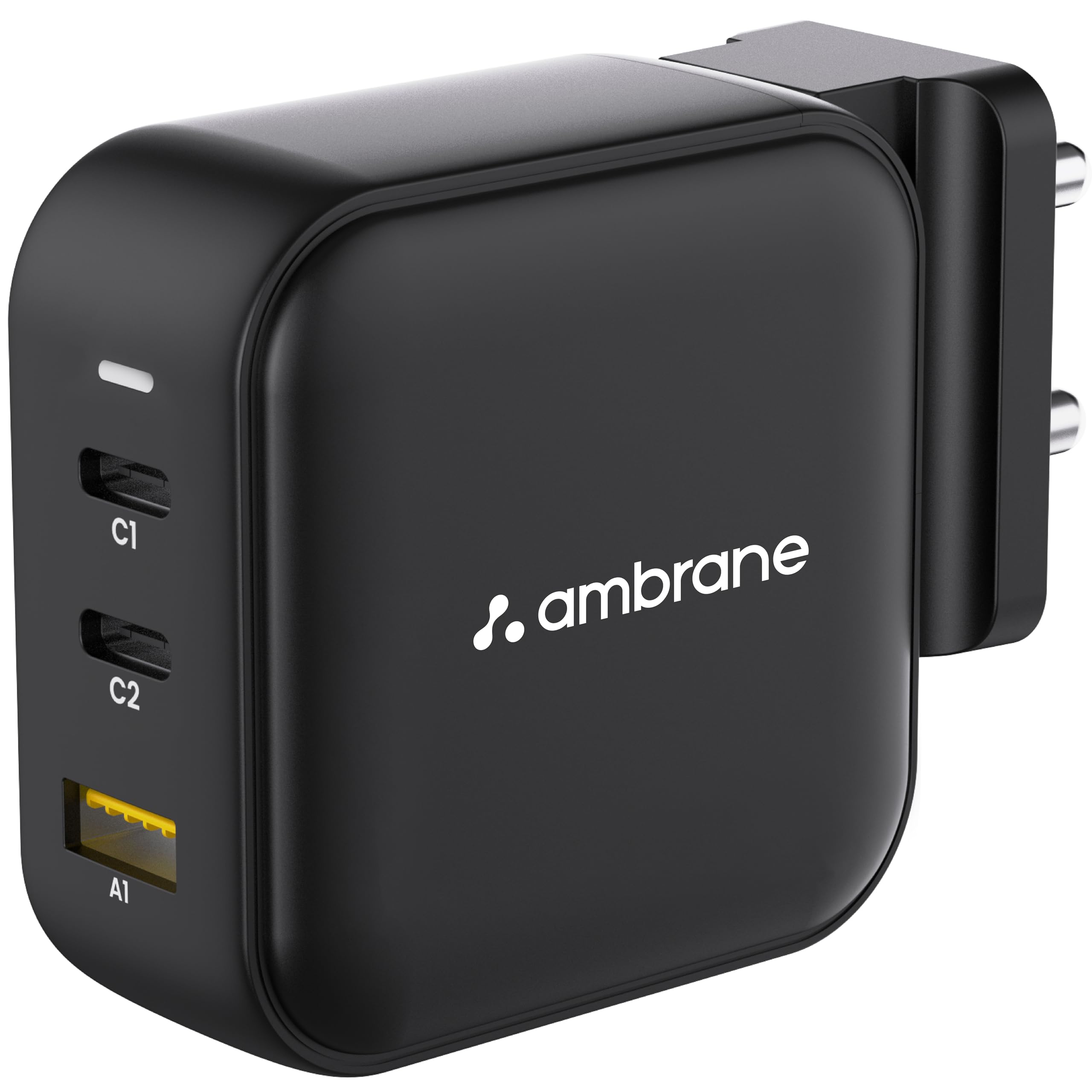 Ambrane 65W Charger Adapter, 3 Ports  2 Type C & 1 USB for Samsung, Type C Laptops: MacBook, Dell, HP, ASUS, Fast Charger with 