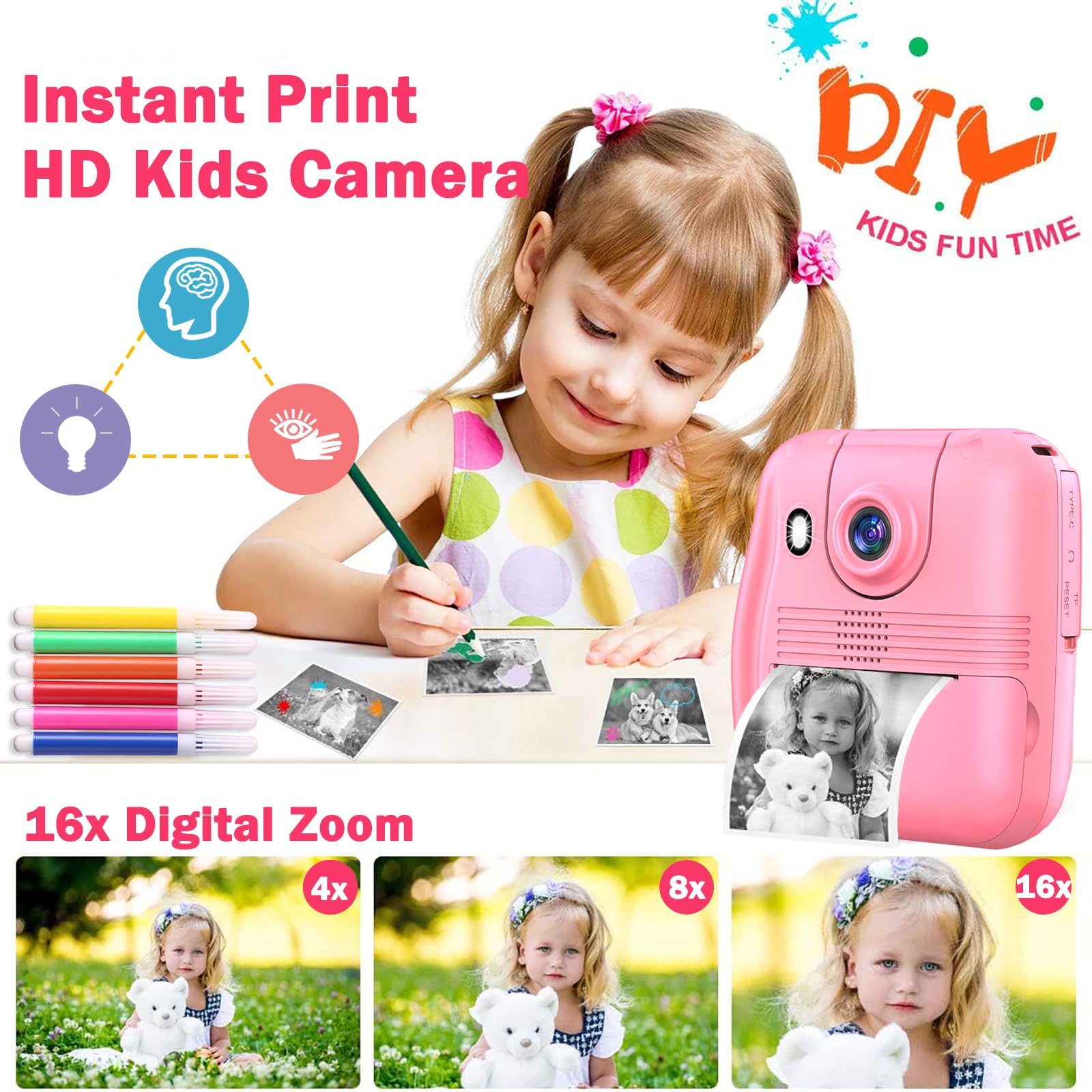 Instant Print Camera Gift For Kids Age 3 12 Girls Boys, 1080P Hd Selfie Digital Camera, 12Mp Kids Print Camera Toy With 180Rotat