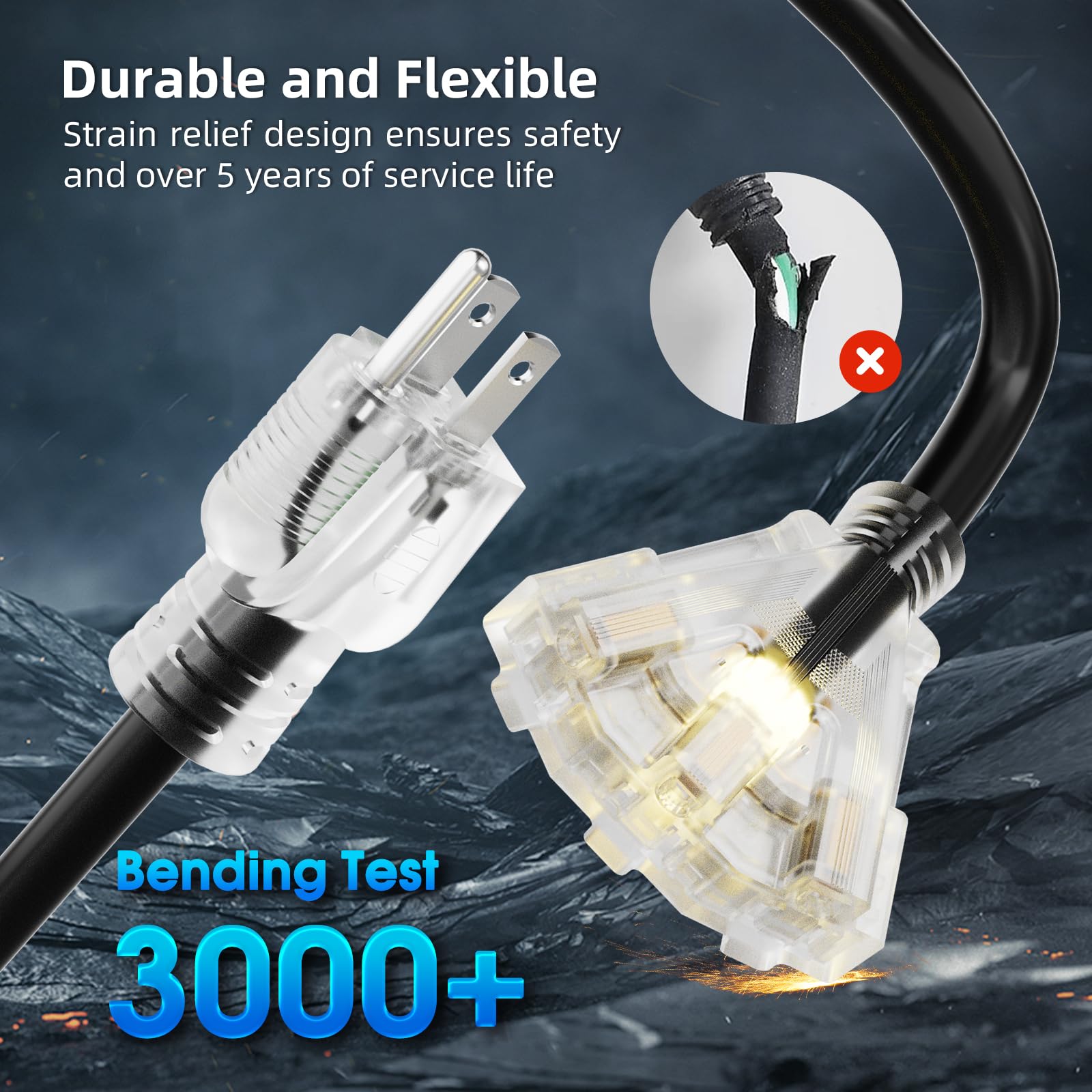 Islewire 50 Ft Outdoor Extension Cord With Multiple Outlets, 12 Gauge Heavy Duty Black Extension Cord Waterproof With 3 Outlet,