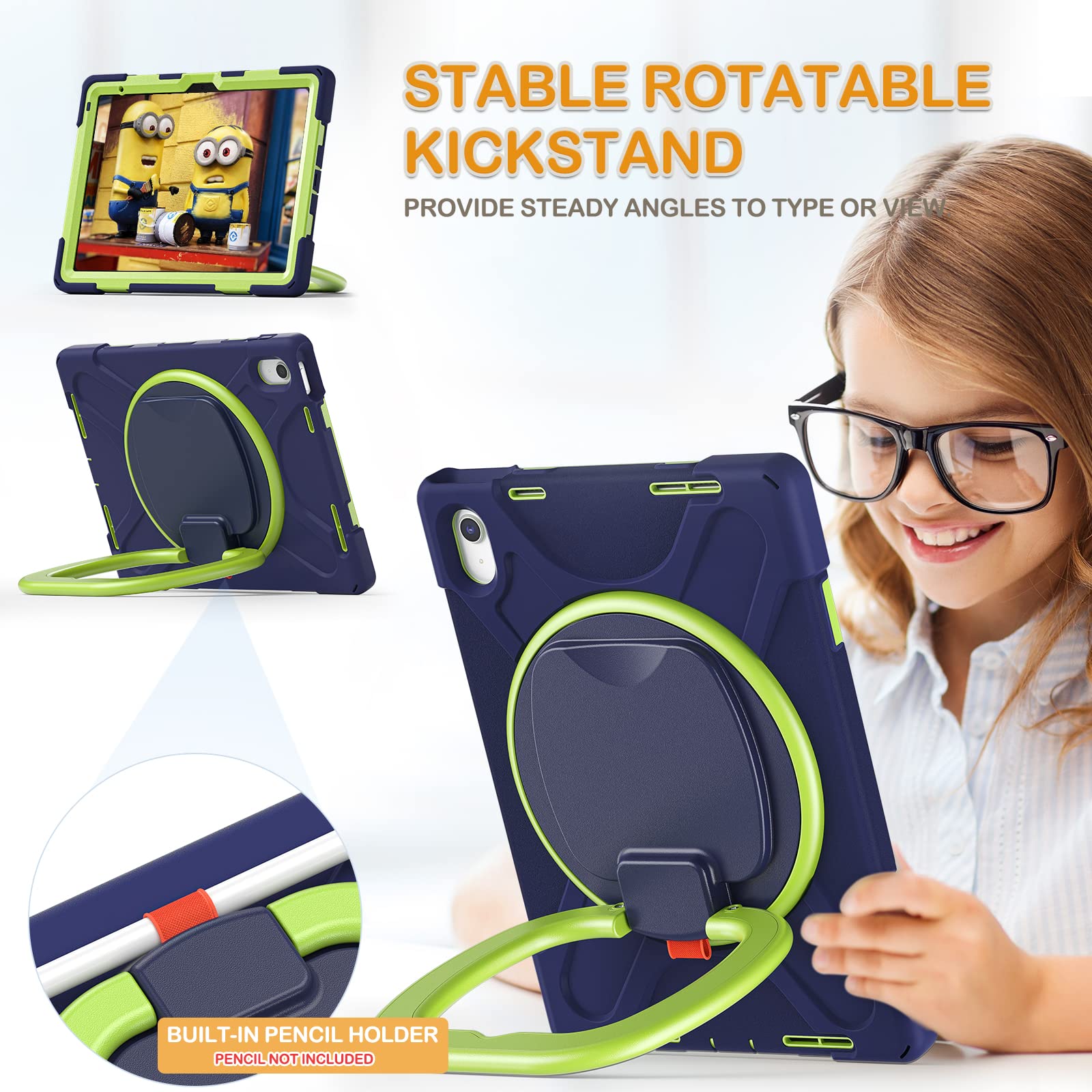 Braecn Case For Ipad 10Th Generation 2022 10.9 Inch A2696 A2757 A2777 Rugged Silicone Cover With Swivel Ring Stand/Pencil Holder