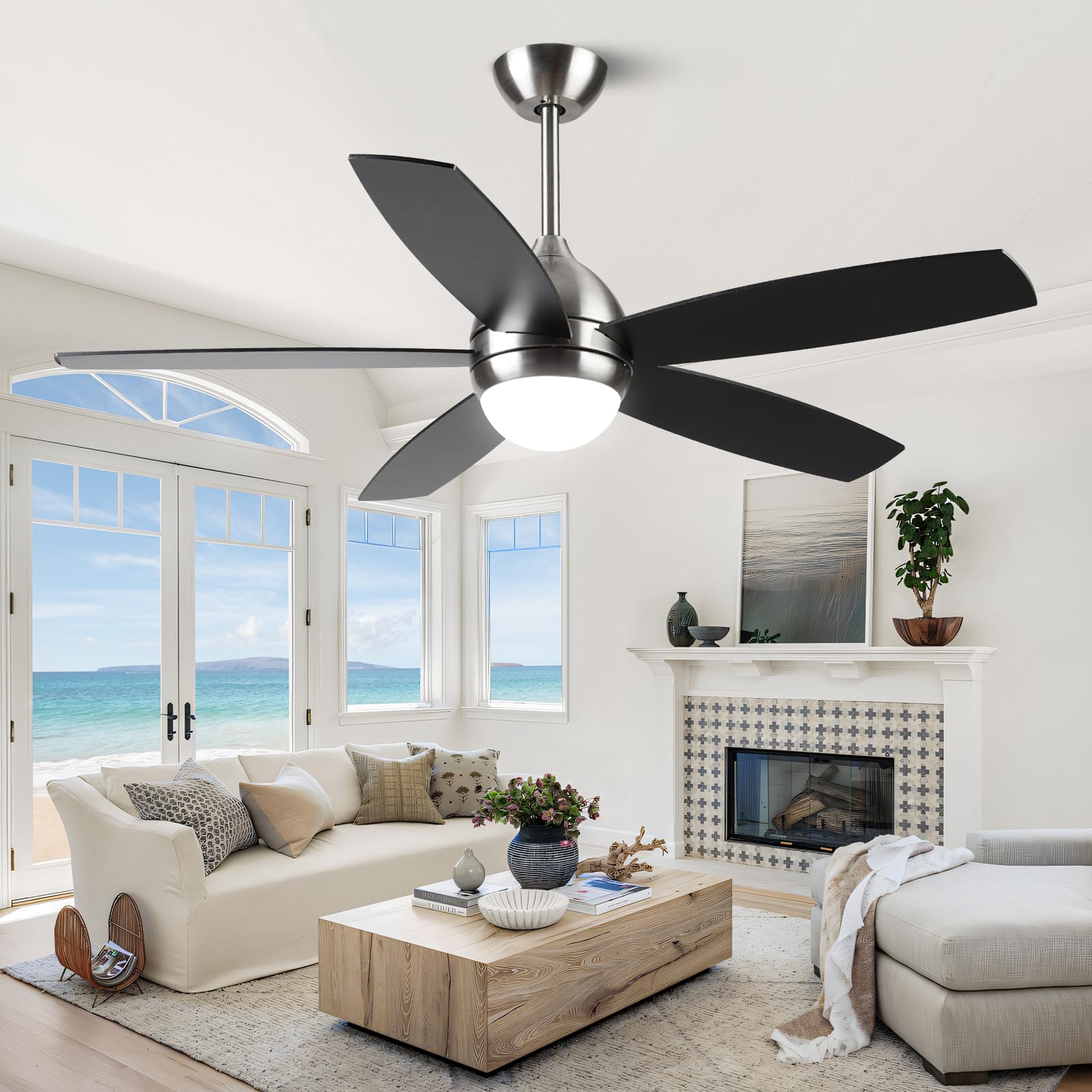 KAPOEFAN Brushed Nickel Ceiling Fan with Lights,52 Inch Ceiling Fans,6 Speeds,3 Color,Quiet DC Motor,Ceiling Fan with Remote Con