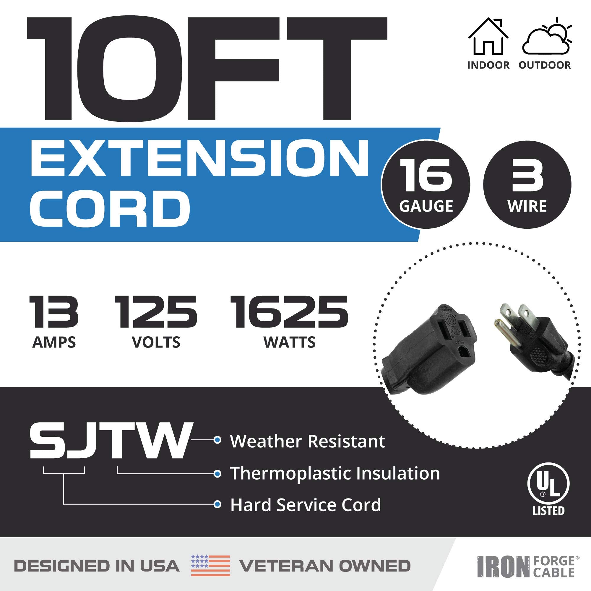 Iron Forge Cable 2 Pack Outdoor Extension Cord 10 Ft, 16/3 Sjtw Heavy Duty Black Extension Cord 3 Prong, 13 Amp Weatherproof Ext
