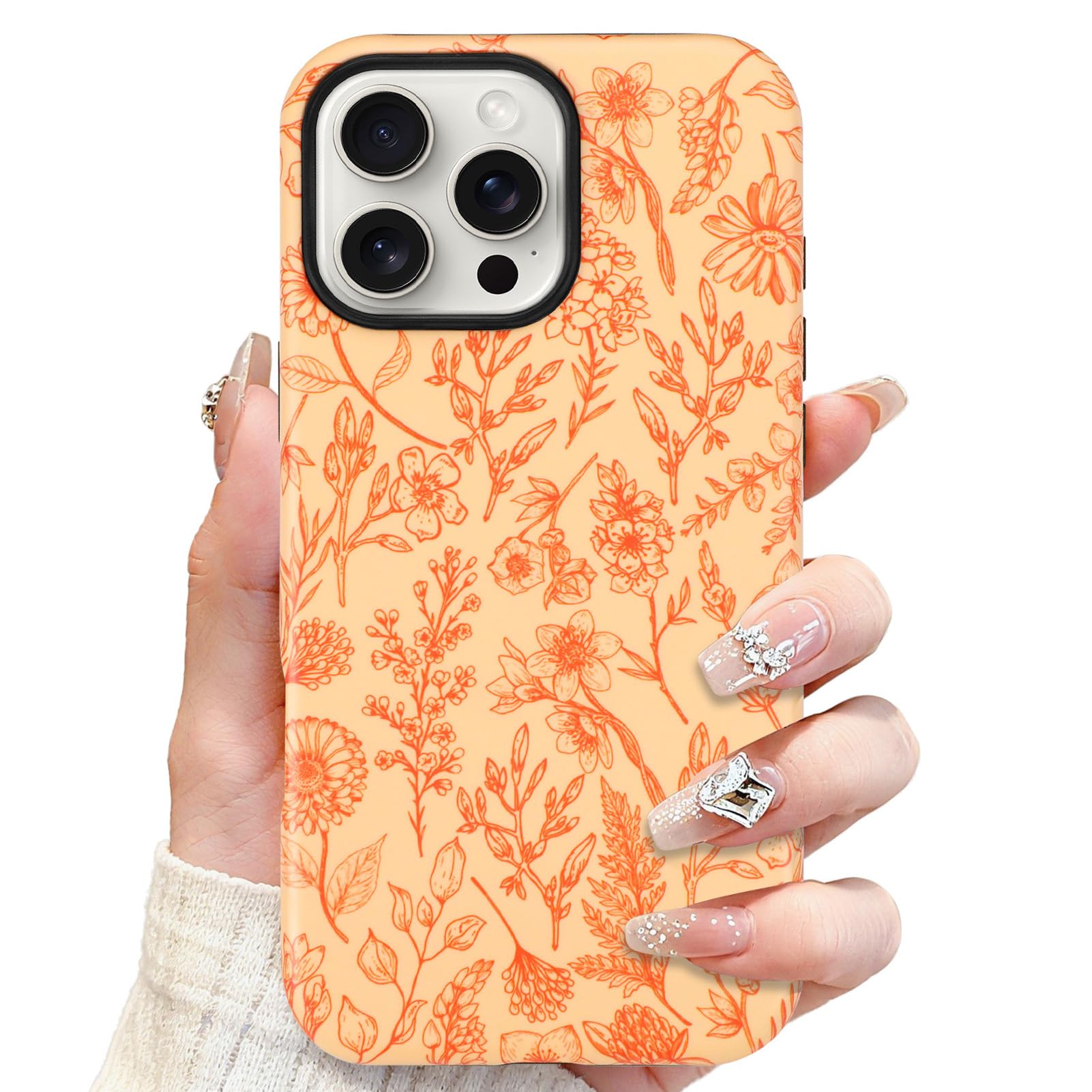 SOKAD Magnetic Sage Floral Phone Case for iPhone 16 Pro Max, Vintage Orange Flower Pattern Compatible with Magsafe Matte Protect