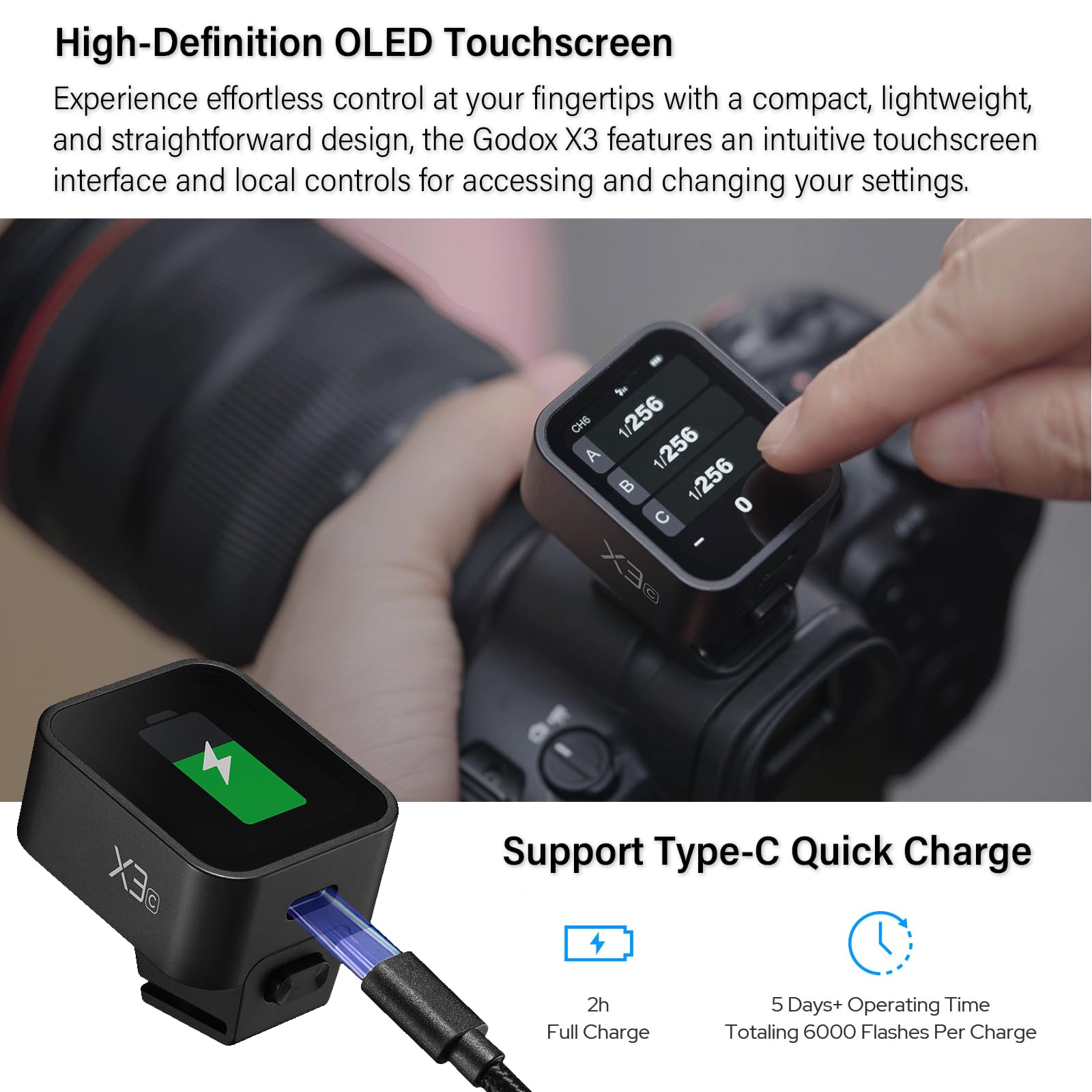 Godox X3 X3C Flash Trigger For Canon, Touchscreen Interface & Local Controls, Built In Type C Charging Battrery Ttl Hss 2.4G Wir