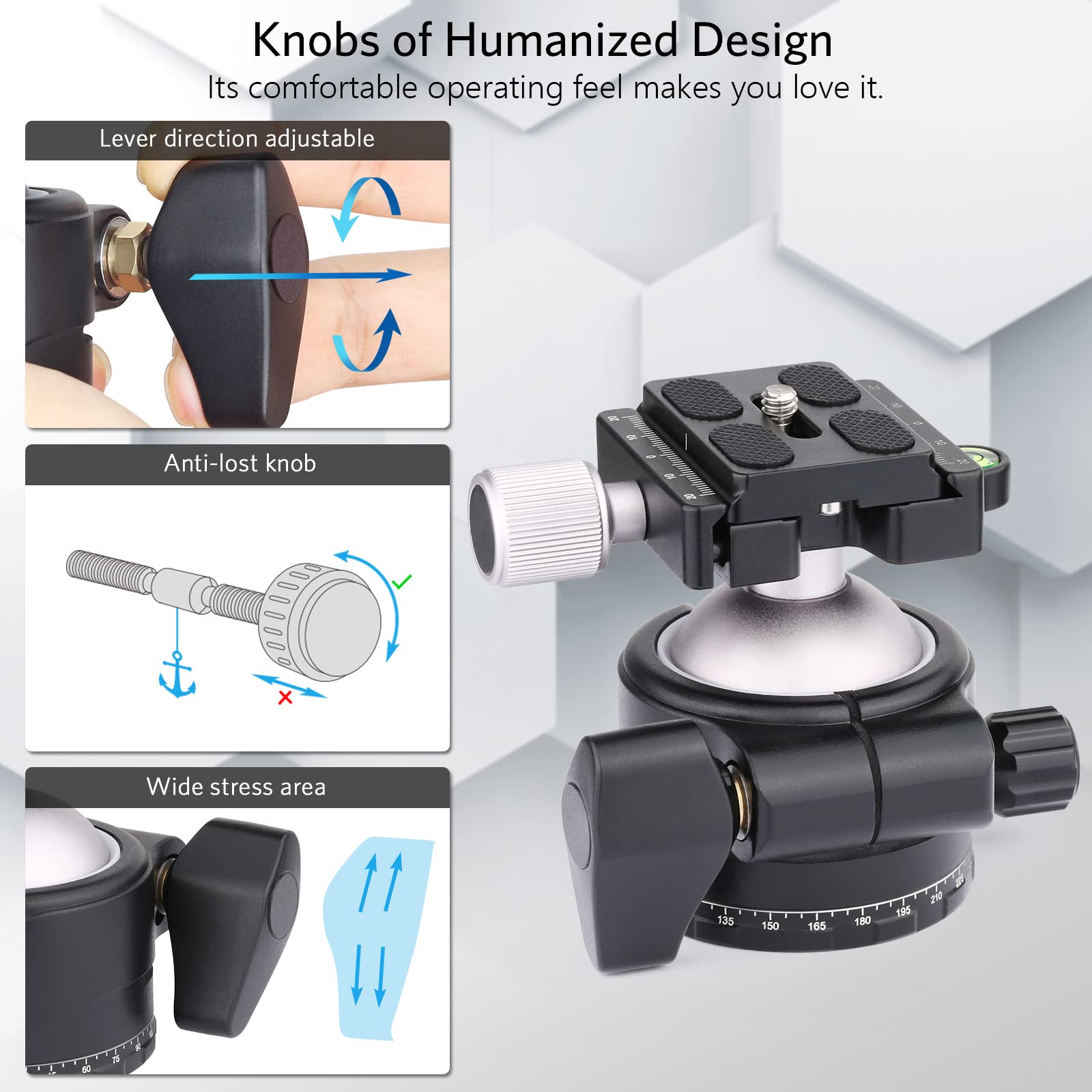 46Mm Low Profile Tripod Head With 3 Screw Adapter 3/8 To 1/4 Professional Aluminium 360 Rotating Panoramic Ball Head Max Loading 44Lbs/20Kg