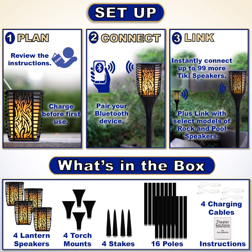 Theater Solutions Tt100 Fully Wireless 240 Watt Rechargeable Battery Bluetooth Tiki Torch Speaker 4 Pack Lanterns Link Up To 99