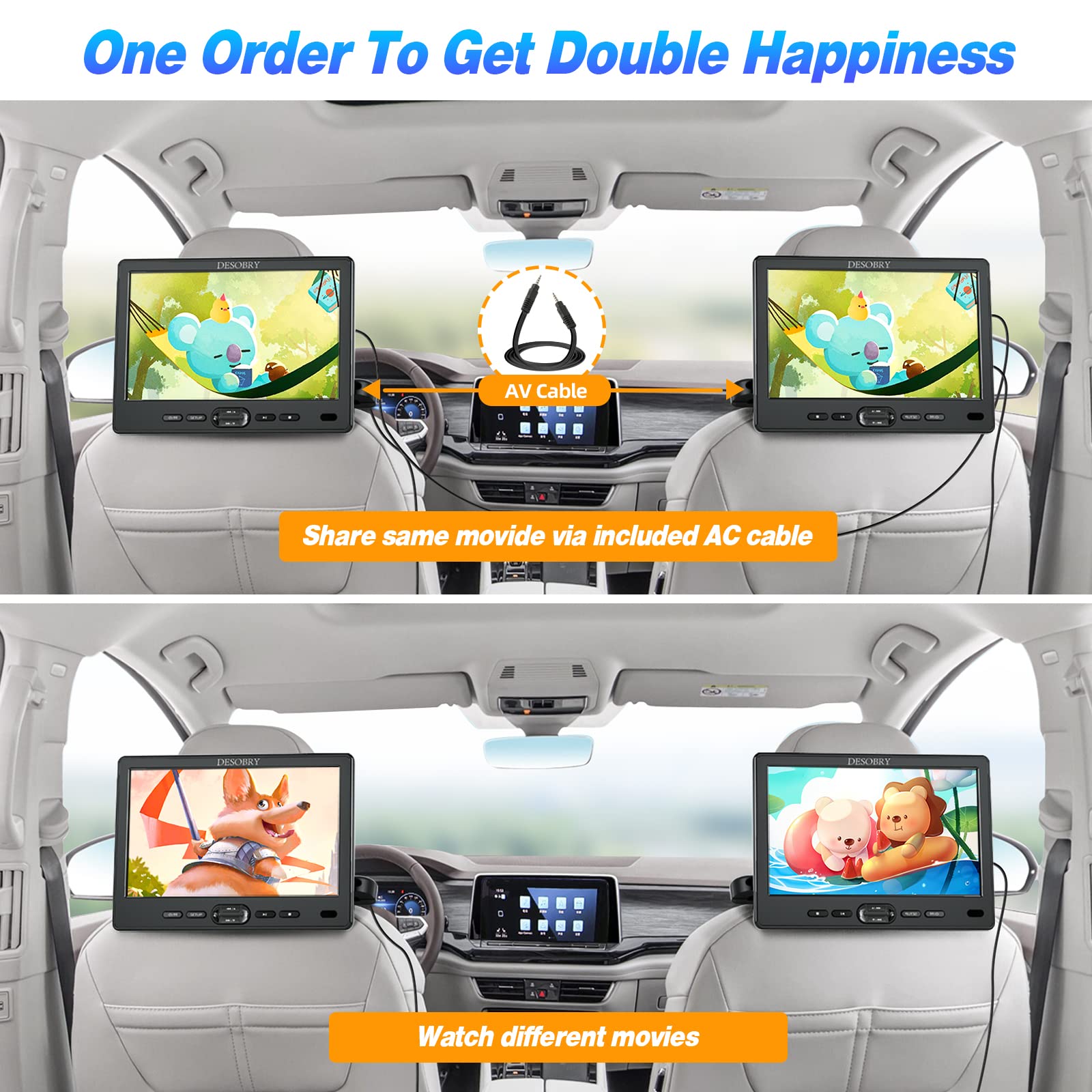 Car Dvd Player Dual Screen With Headrest Mount, Desobry 10.5'' Portable Dvd Player For Car With Suction Type Disc In, Play A Sam