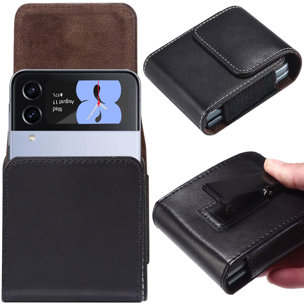 Miimall For Samsung Galaxy Z Flip 4 / Flip 3 Phone Pouch Holster Case, Leather Pouch With Metal Belt Clip+Magnetic Closure For P