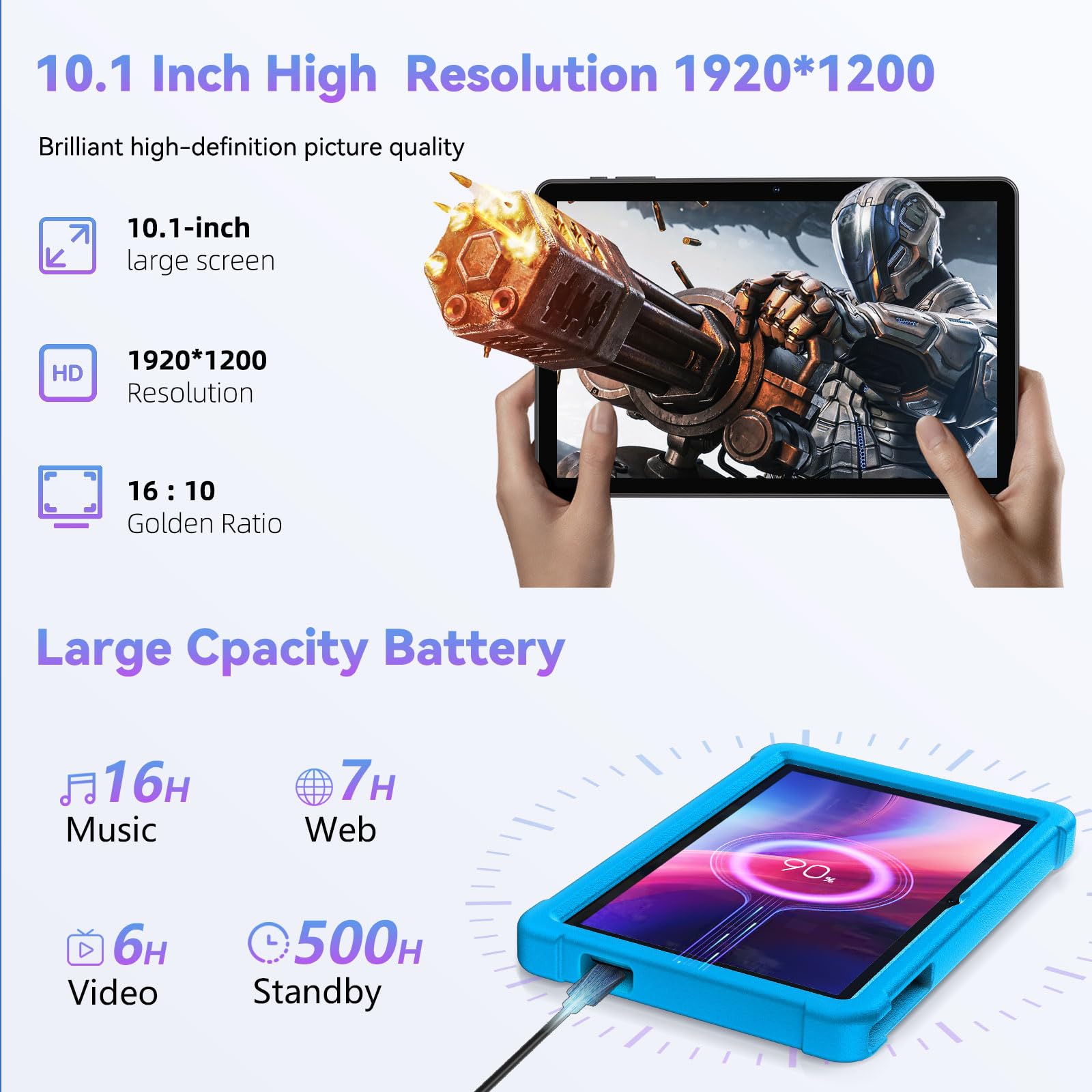 Huihuang Tablet 10 Inch Android 14 Tablet, 16Gb Ram 128Gb Rom, 1Tb Expansion, Octa Core, Large Capacity Battery, 5Mp + 8Mp Dual