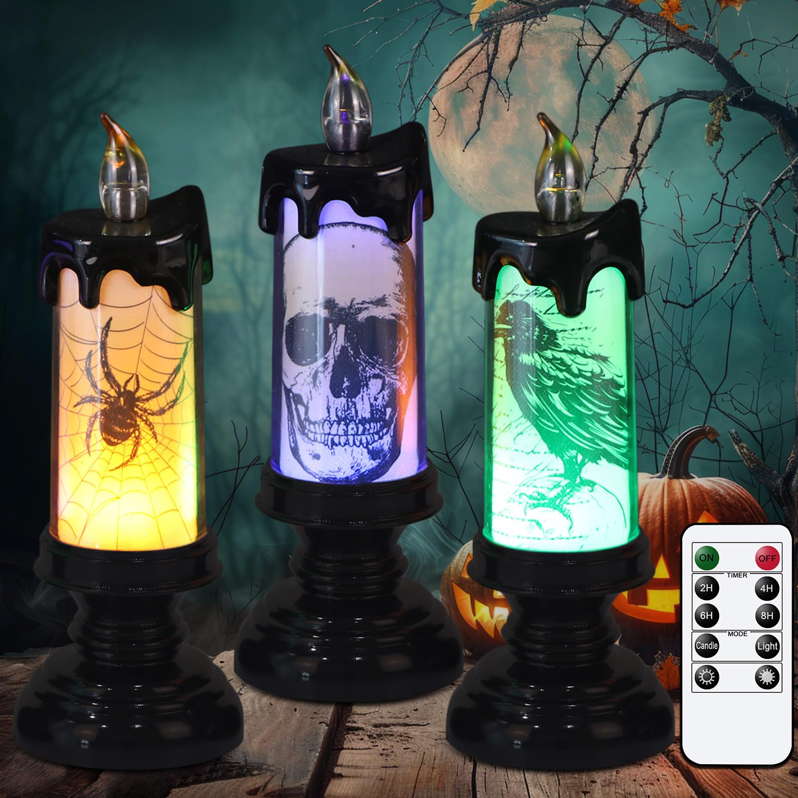 Eldnacele Halloween Flameless Candle Lamp Battery Operated With Remote And Timer, Spooky Horror Skull Crow Spider Decals Led Can