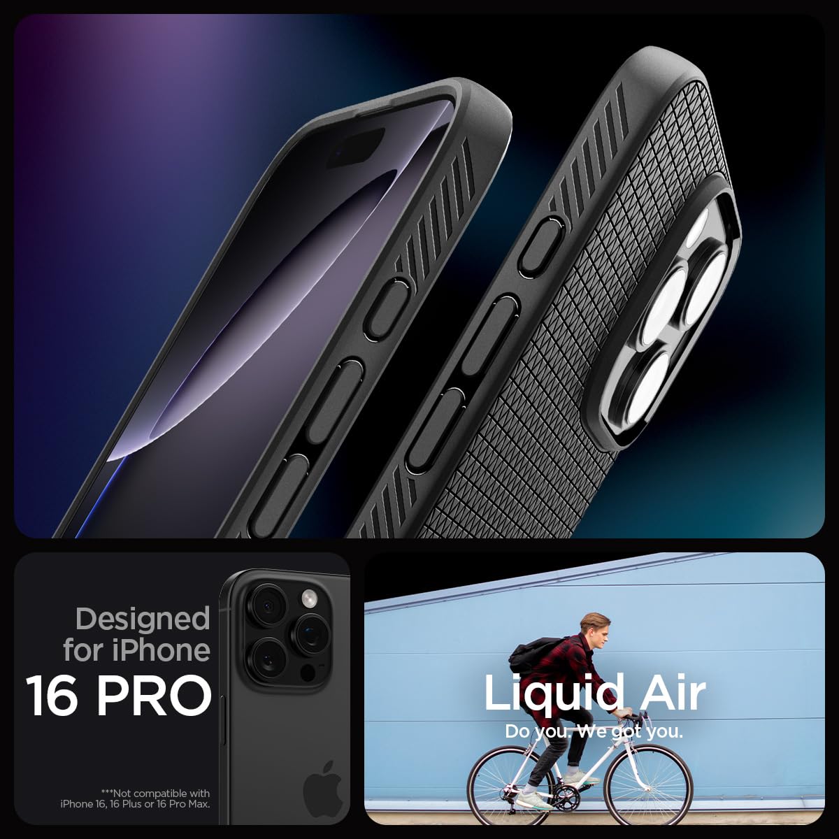Spigen Liquid Air Designed For Iphone 16 Pro Case [Not Compatible With Magsafe], [Military Grade Protection]   Matte Black