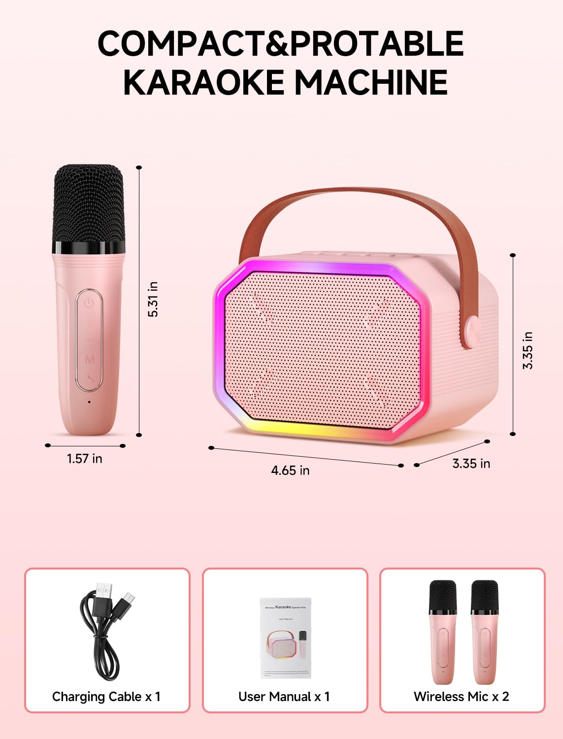 Karaoke Machine For Kids And Adults, Mini Portable Bluetooth Speaker With 2 Wireless Microphones, Led Lights For Tv, Home Party,