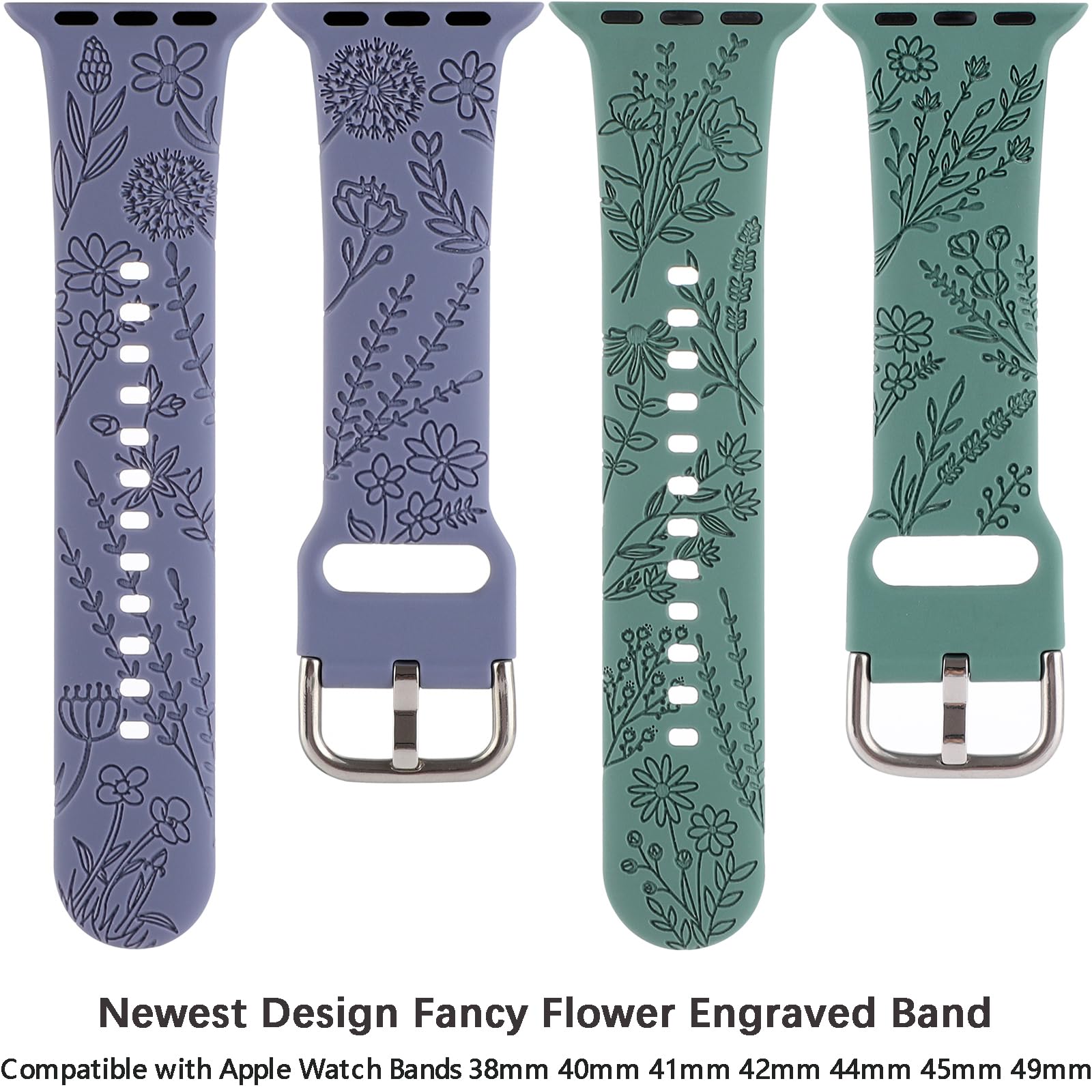 Flower Engraved Silicone Band Compatible With Apple Watch Bands 38Mm 40Mm 41Mm, Cute Women Wildflowers Floral Design Soft Sport Strap Replacement Wristbands For Iwatch Series 8 7/Se/6/5/4/3/2/1 (42/44/45Mm, Green Lavender)