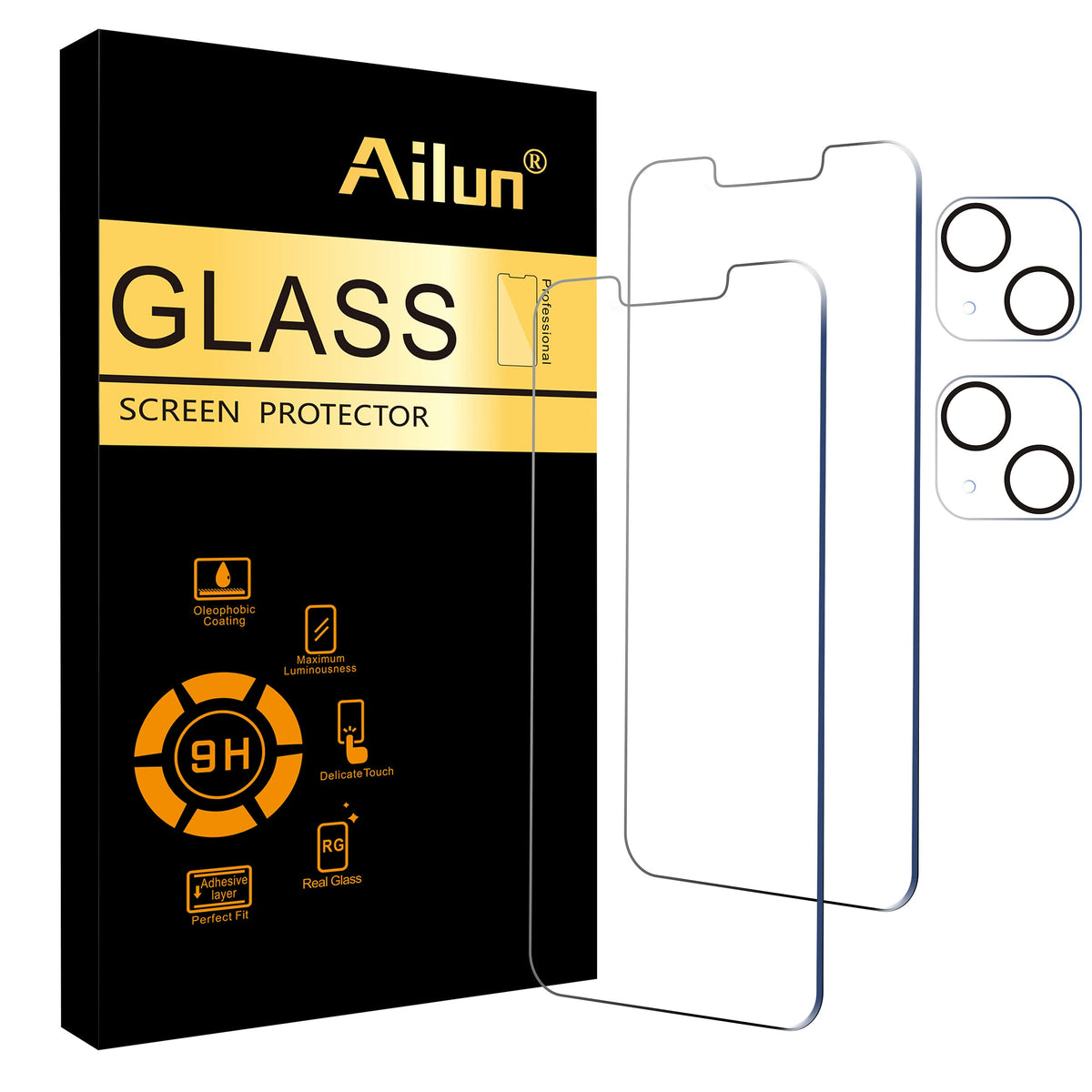 Ailun 2 Pack Screen Protector For Iphone 13 [6.1 Inch Display] With 2 Pack Tempered Glass Camera Lens Protector,[9H Hardness] Hd